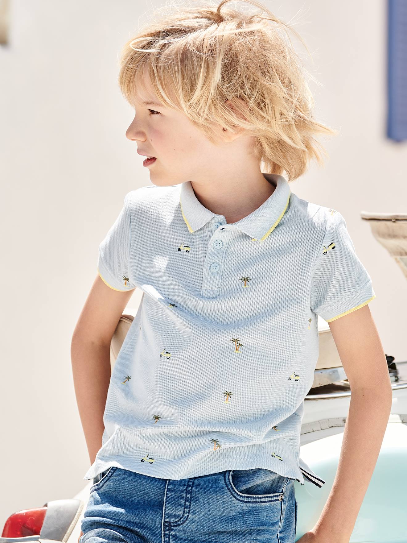 Polo imprimé garçon en maille piquée bleu imprimé