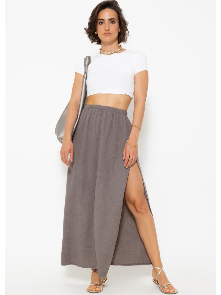 SASSYCLASSY Langer Musselin Rock mit hohen Schlitz in Braun günstig kaufen