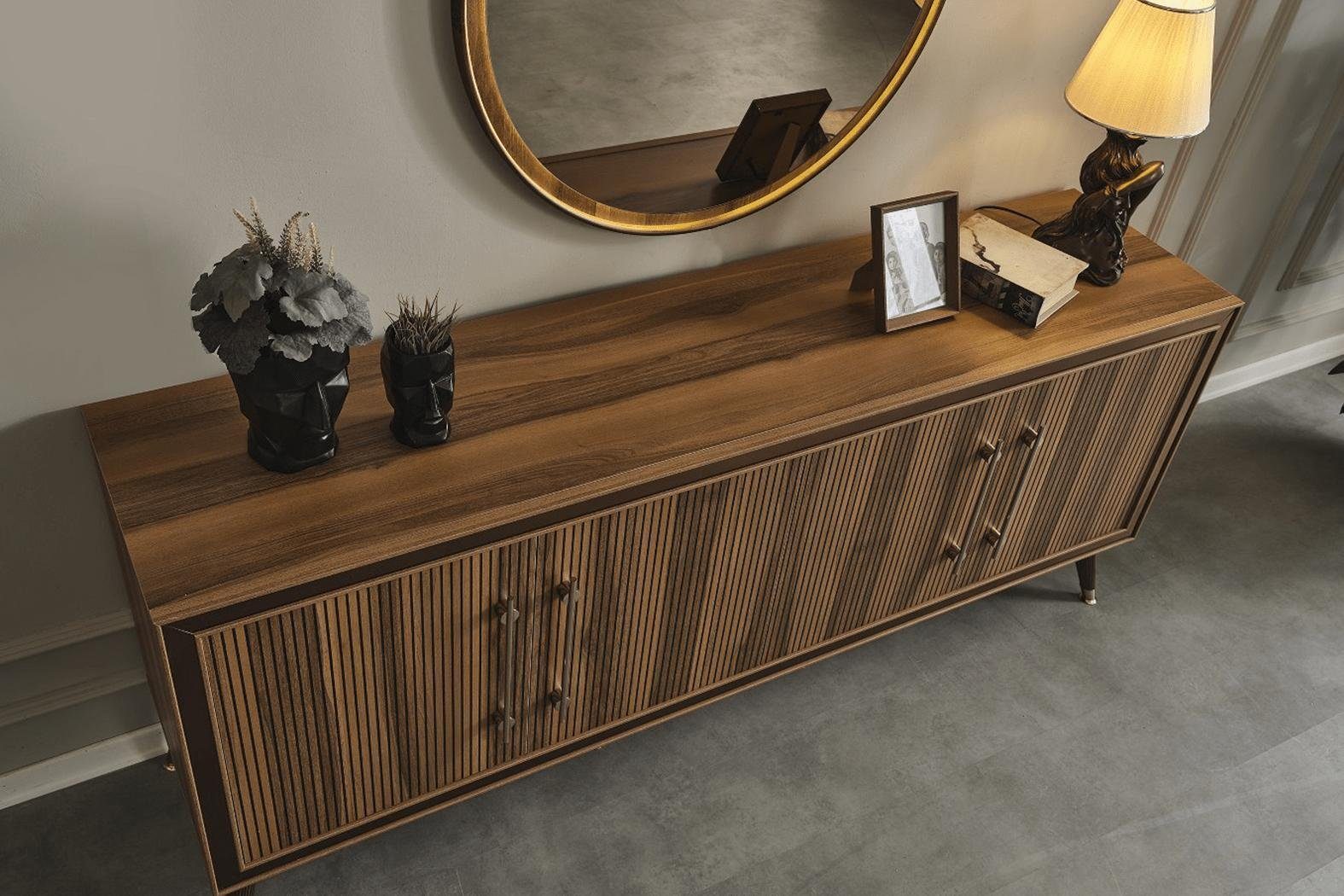 JVmoebel Esszimmer-Set Braunes Esszimmer Set Designer Esszimmergarnitur Esstisch Stühle, (9-St., Esstisch, 6x Stühle, Sideboard, Spiegel), Made in Europa