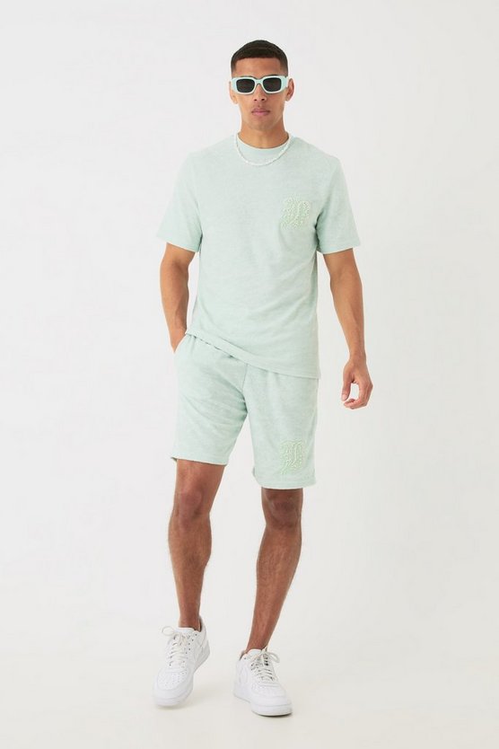 Frottee T-Shirt und Shorts mit Perlen-Stickerei