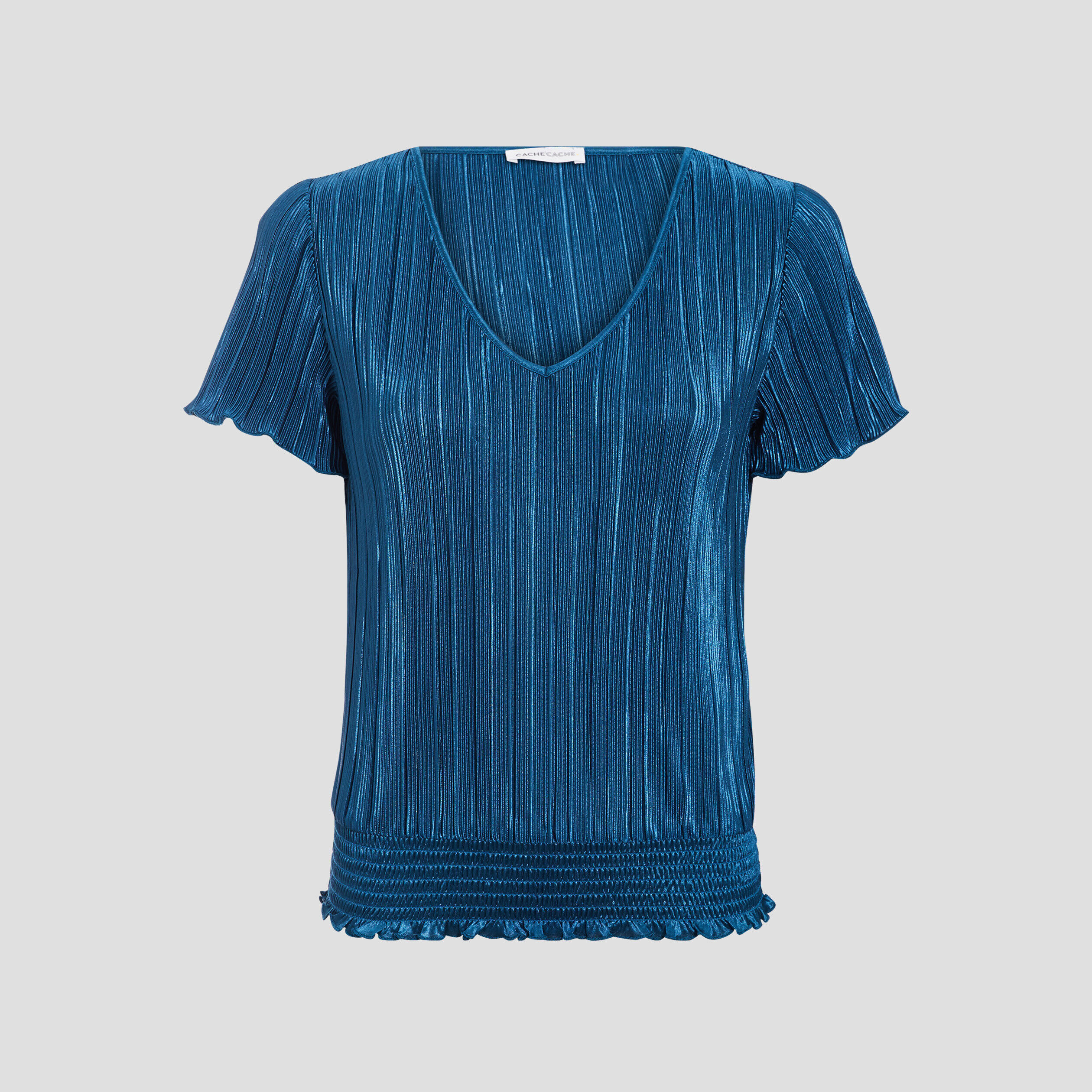 T-shirt manches courtes plissé bleu canard femme | Cache Cache