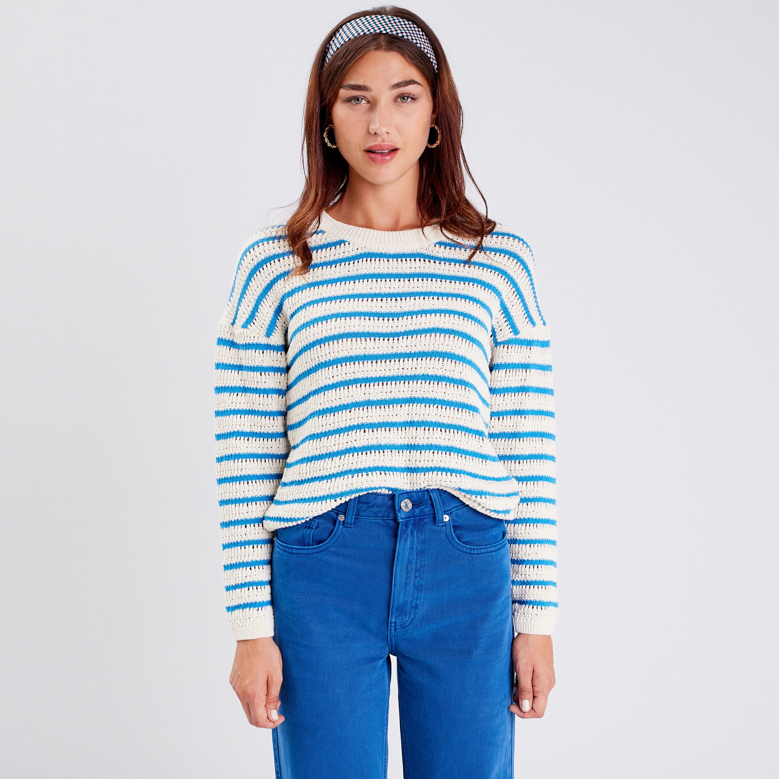 Pull manches longues ajouré bleu femme | Cache Cache