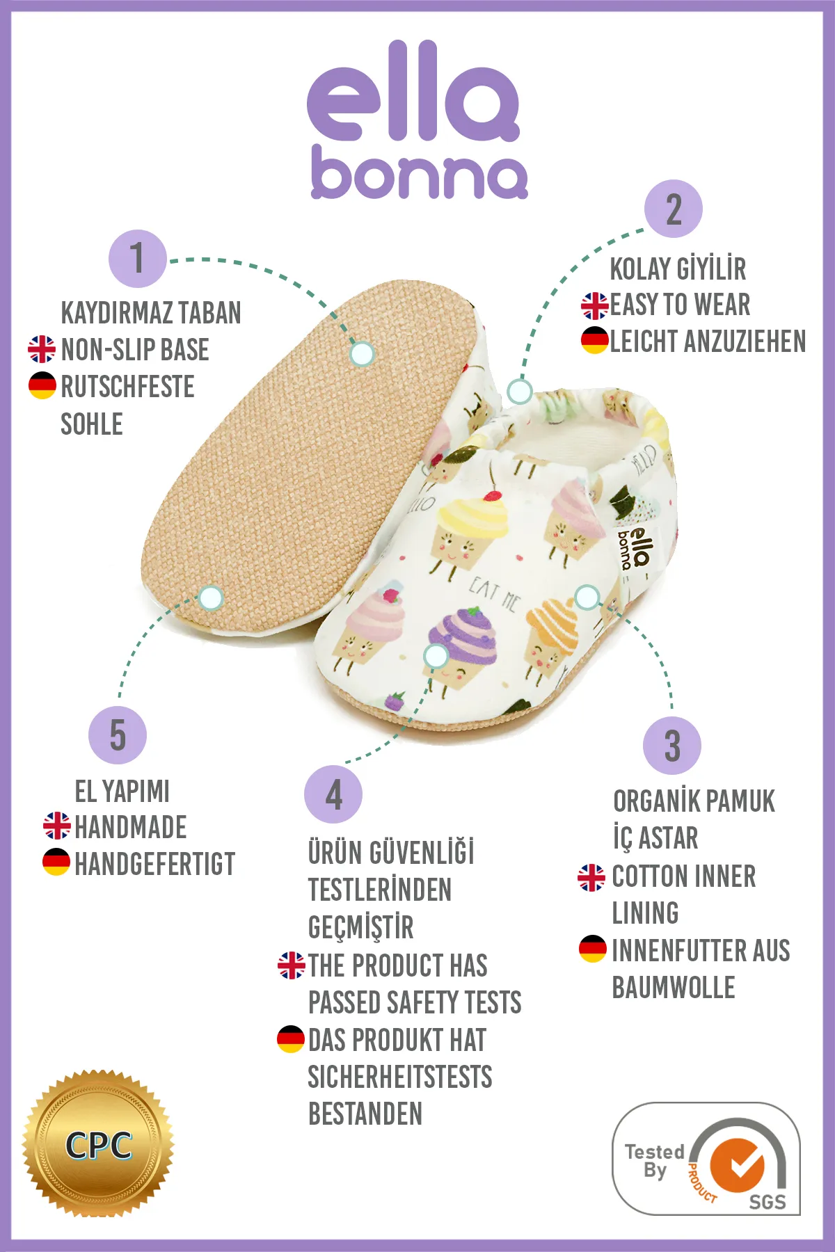 Ella Bonna  Cupcake-Babyschuhe mit rutschfester Sohle, Heimstiefel, Hausschuhe, Kinderzimmerschuhe, Hausschuhe
