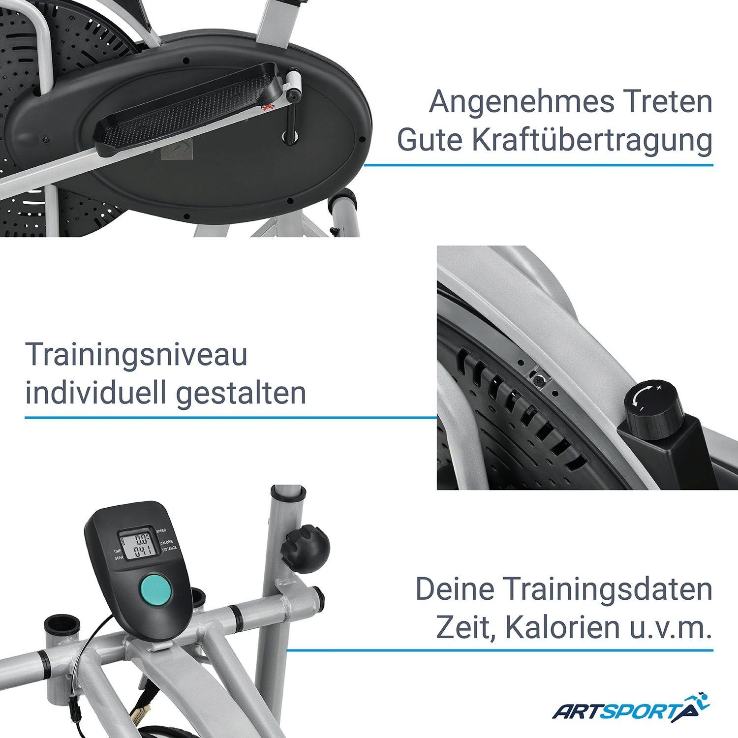 ArtSport Crosstrainer 2 in 1, leiser Riemenantrieb, 2 kg Schwungrad, stufenloser Widerstand