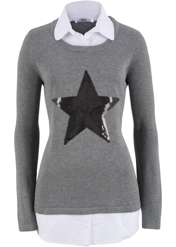 2 in 1 Pullover mit Bluseneinsatz, Langarm