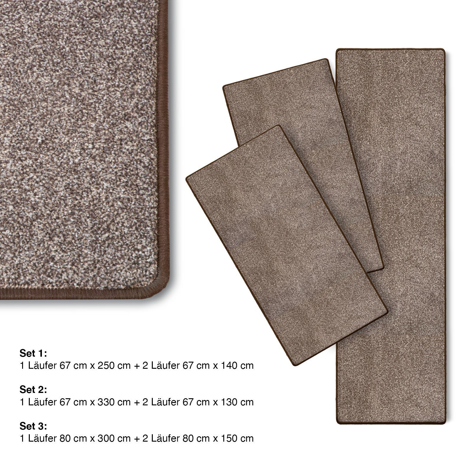 Hochflor-Bettumrandung Lyon Braun 94, 3 Größen, Teppichläufer, ideal im Schlafzimmer Floordirekt, Höhe 10 mm, (3-tlg), Velours
