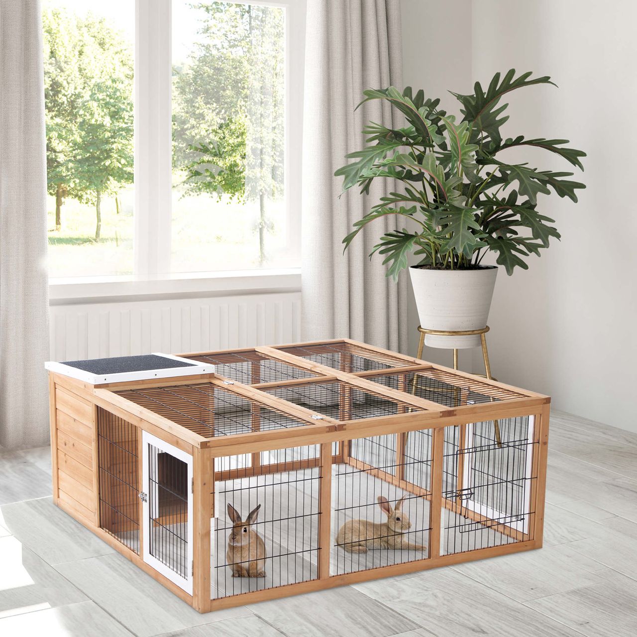 PawHut Kaninchenstall Hasenstall mit Freilaufgehege Kleintierstall Dach zum Öffnen wasserdicht multifunktional Tannenholz Natur 123x120x52 cm