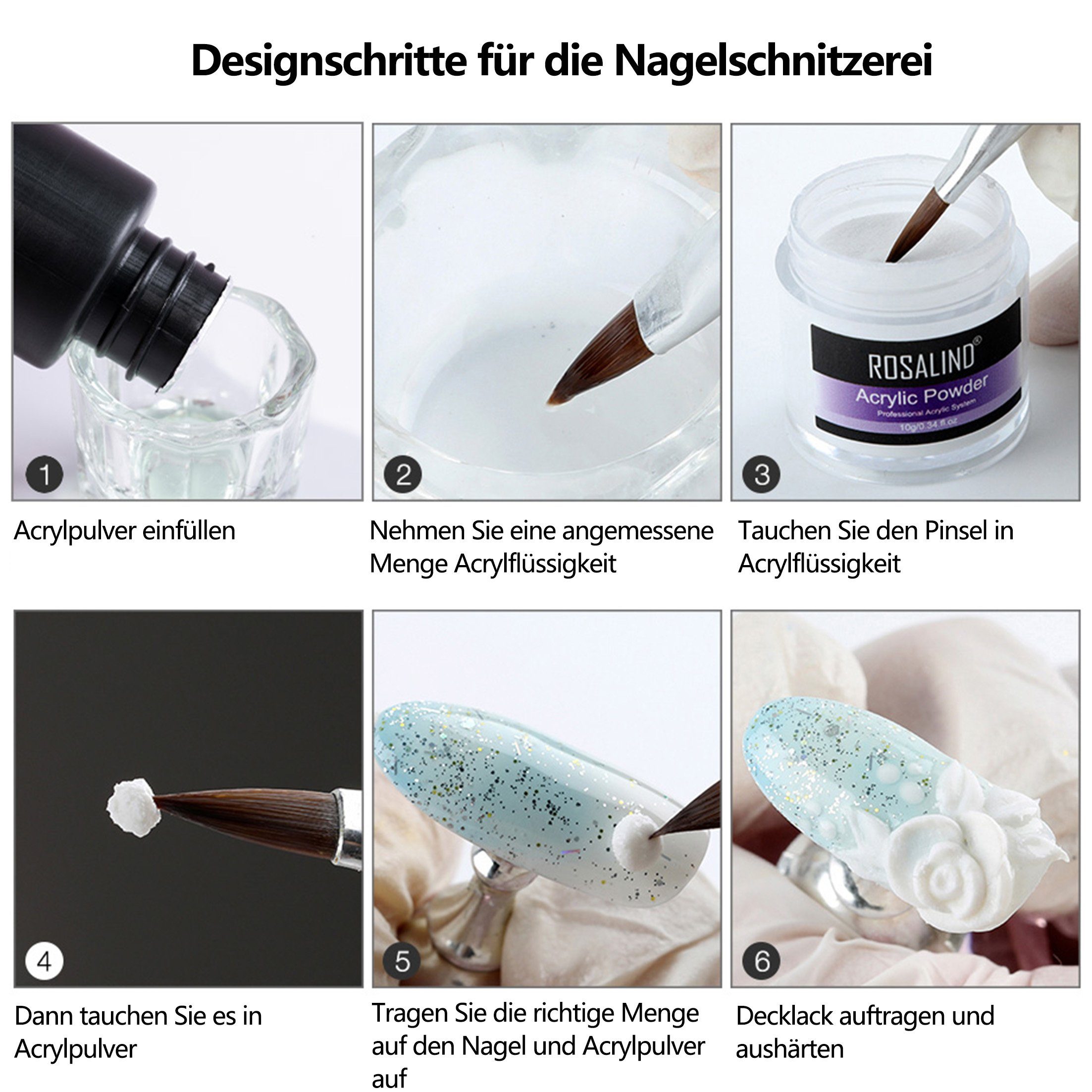 Scheiffy Nageldesign Zubehör Nailart-Pulver-Set, Nagelverlängerung, Kristall 3D-Skulpturen, 6 pcs, Nagelkunst-Kristallpulver, Nageldesign-Werkzeuge