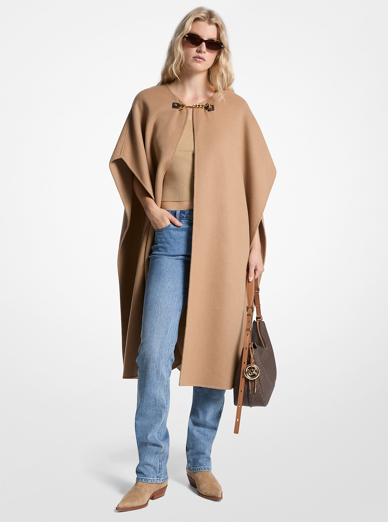Double Face Wool Blend Cape - DARK CAMEL