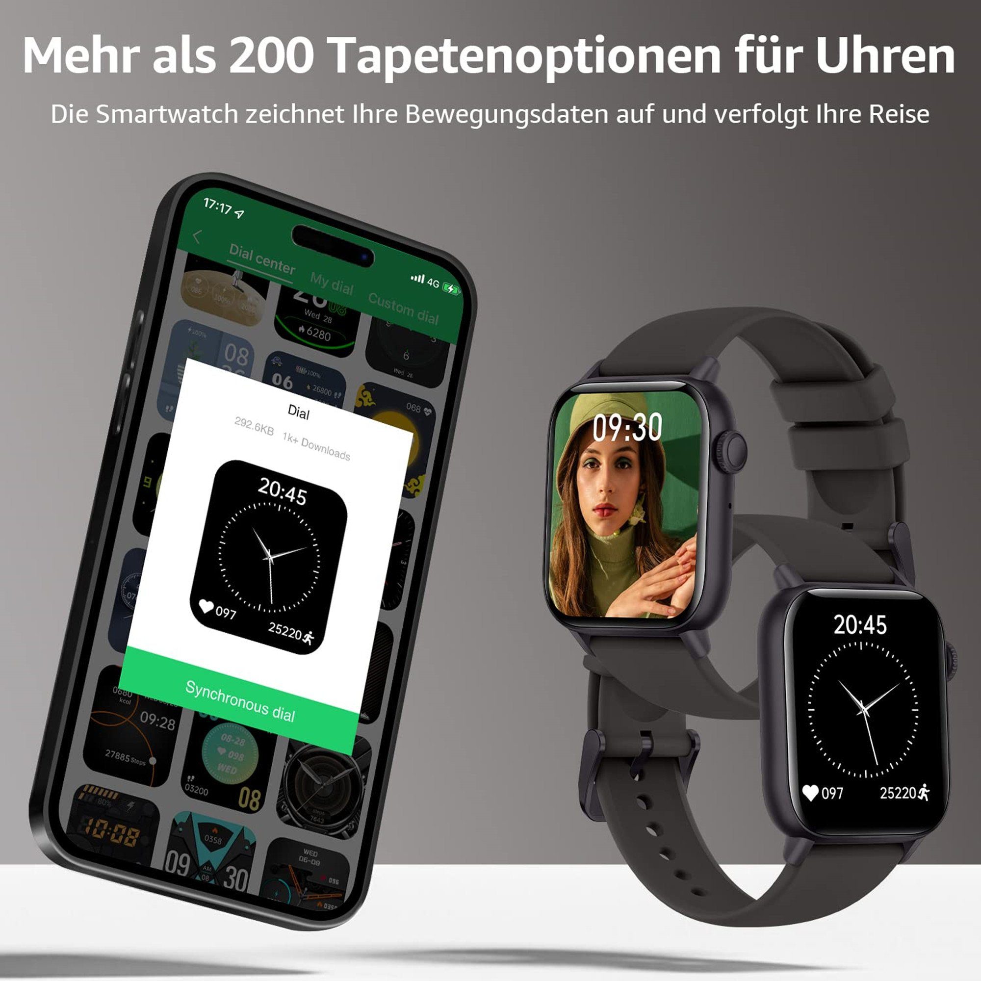 Tisoutec Smartwatch Damen Herren Fitness Tracker Fitnessuhr Smartwatch (Fitnessuhr /WhatsApp Notiz,Smartwatch Fitness Tracker Uhr IP68 Wasserdicht,1.69
