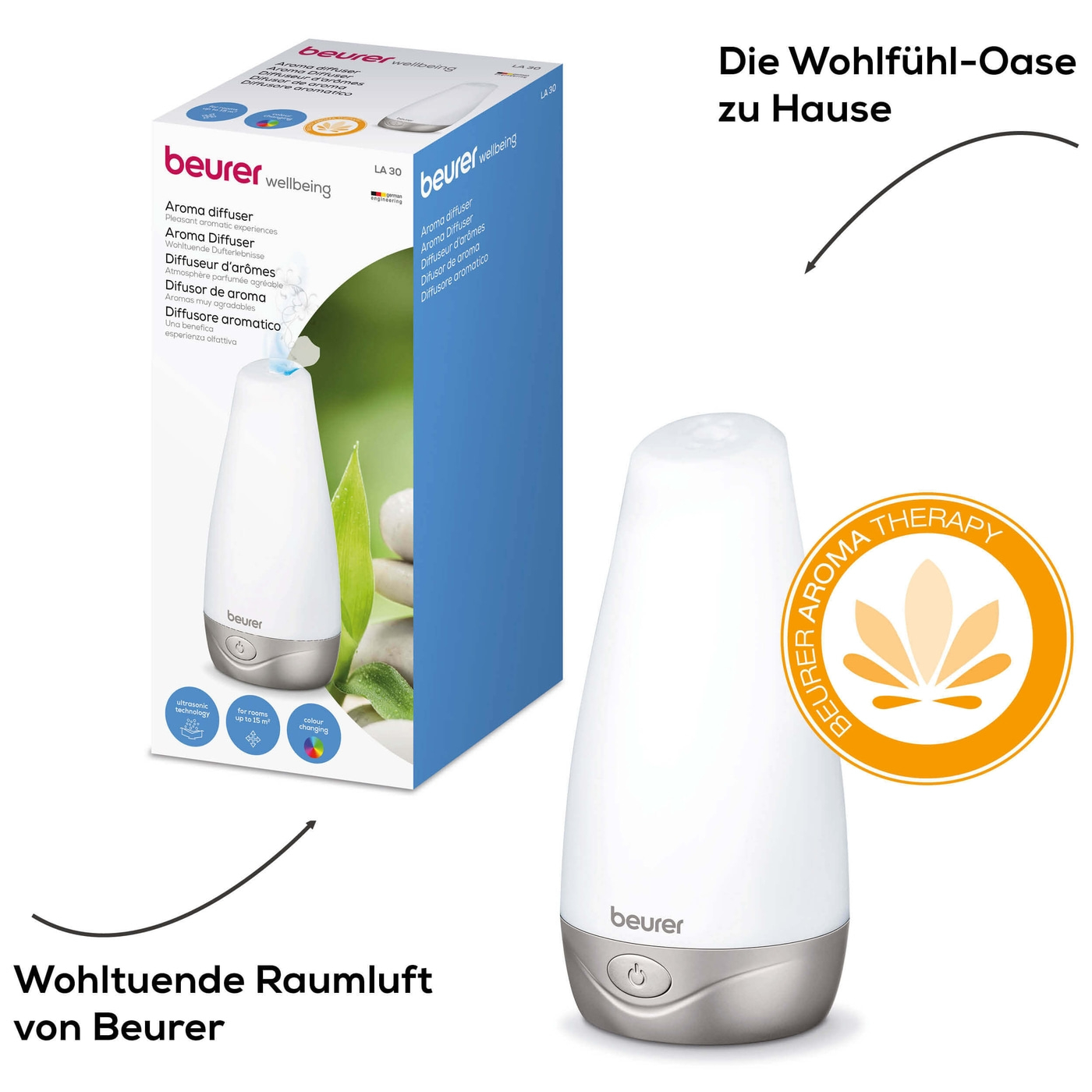 Beurer Aroma Diffuser LA 30-Diffuser mit LED-Farblicht für Raumbefeuchtung & angenehmen Duft bis 15 m²
