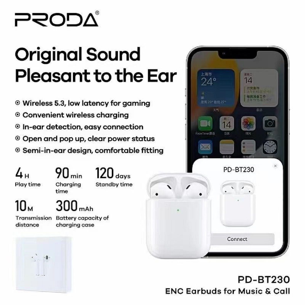 Remax Proda Kopfhörer Bluetooth 5.3 In-Ear Ohrhörer BT230 Bluetooth-Kopfhörer (Touch-Funktion, Touch-Funktion, Bluetooth, Batterieanzeige des Popup-Fensters, Ergonomisches Design)