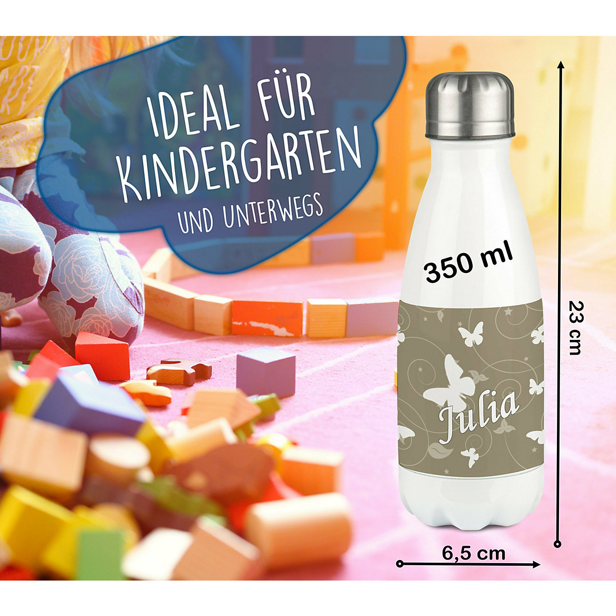 Edelstahl Kinder Thermoflasche / Trinkflasche bunt Schmetterling Ornamente Farbe cappuchino Spülmaschinenfest, Auslaufsicher, Bruchfest, Doppelwandig, Für Heißgetränke geeignet, Mit Deckel, Isolie