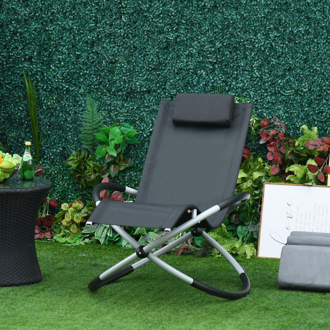 Outsunny Schaukelstuhl ergonomischer 2 In 1 Schwingsessel Gartenstuh Schaukelliege Metall Texteline kugelförmig Dunkelgrau 150 x 62 x 88 cm