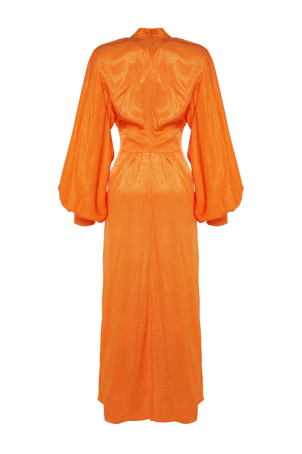 Trendyol Modest  Orangefarbenes Abendkleid mit Ballonärmeln und drapierter Taille, selbstgemustert TCTSS23DB00017
