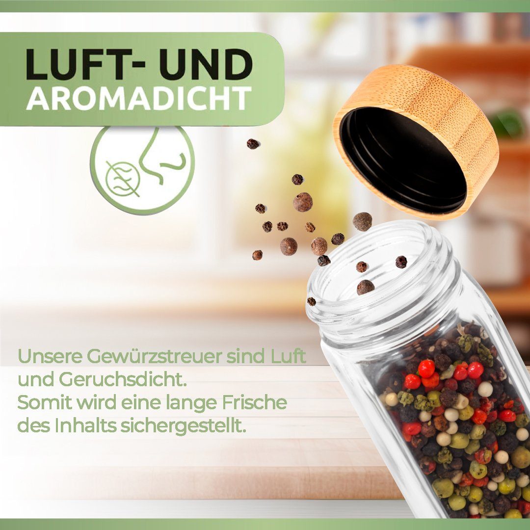 PORADA Gewürzbehälter Gewürzstreuer 120 ml Bambus Deckel x172 Etiketten Stift & Trichter, (Set, 24-tlg., x24 Gewürzstreuer)