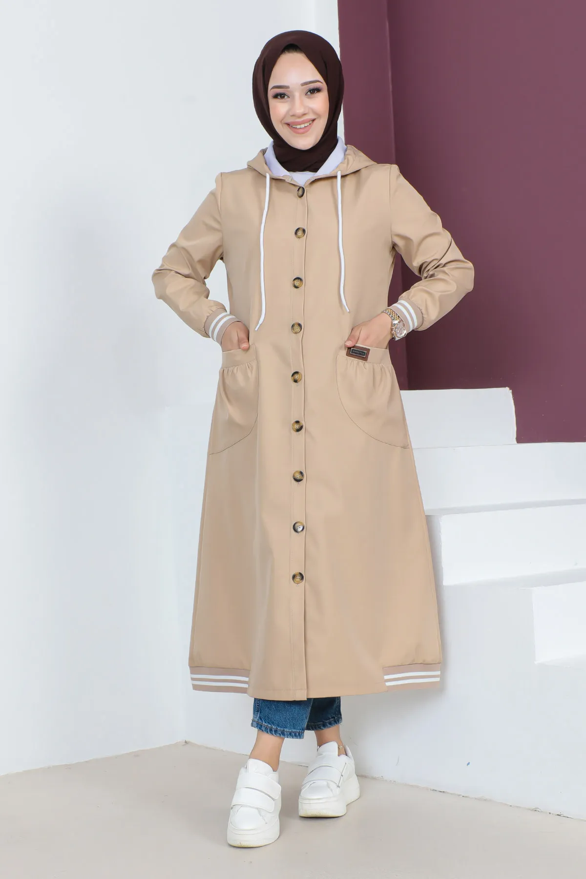 Tesettür Dünyası  Gerippter Trenchcoat TSD230638 Kamel
