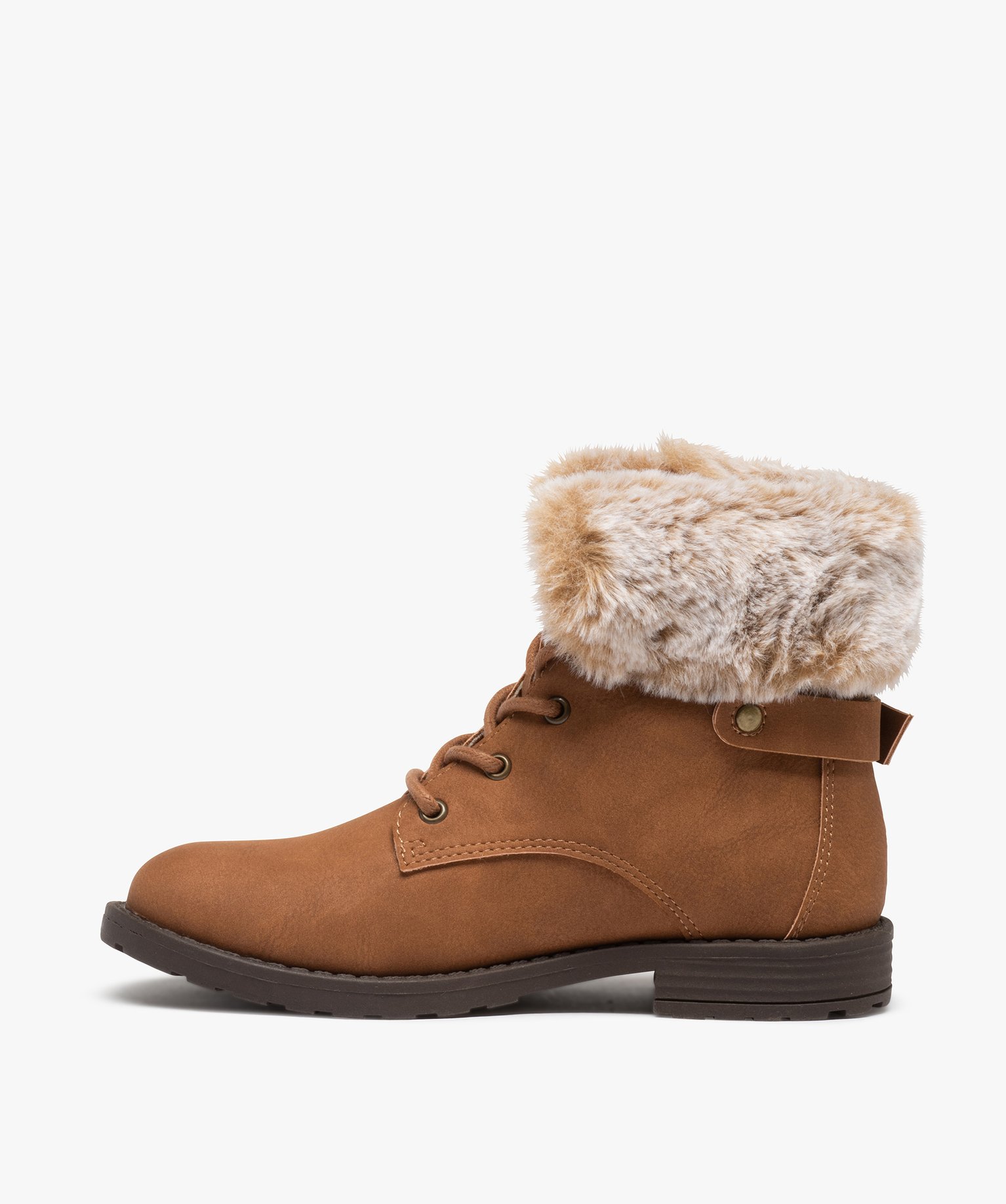 Bottines fille unies avec col fourré fermeture lacets camel | GEMO
