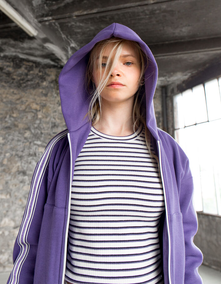 Cardigan violet zippé avec galons rayés fille