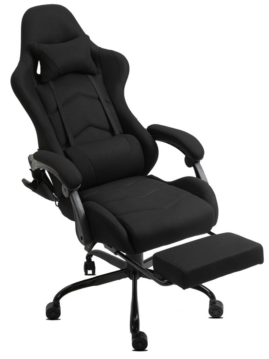 Delman Gaming-Stuhl Bürostuhl Chefsessel Massagefunktion mit 6 Vibrationspunkten Stoff, Drehstuhl, dicke Polsterung, Metallfußkreuz, Fußstütze 02-0036