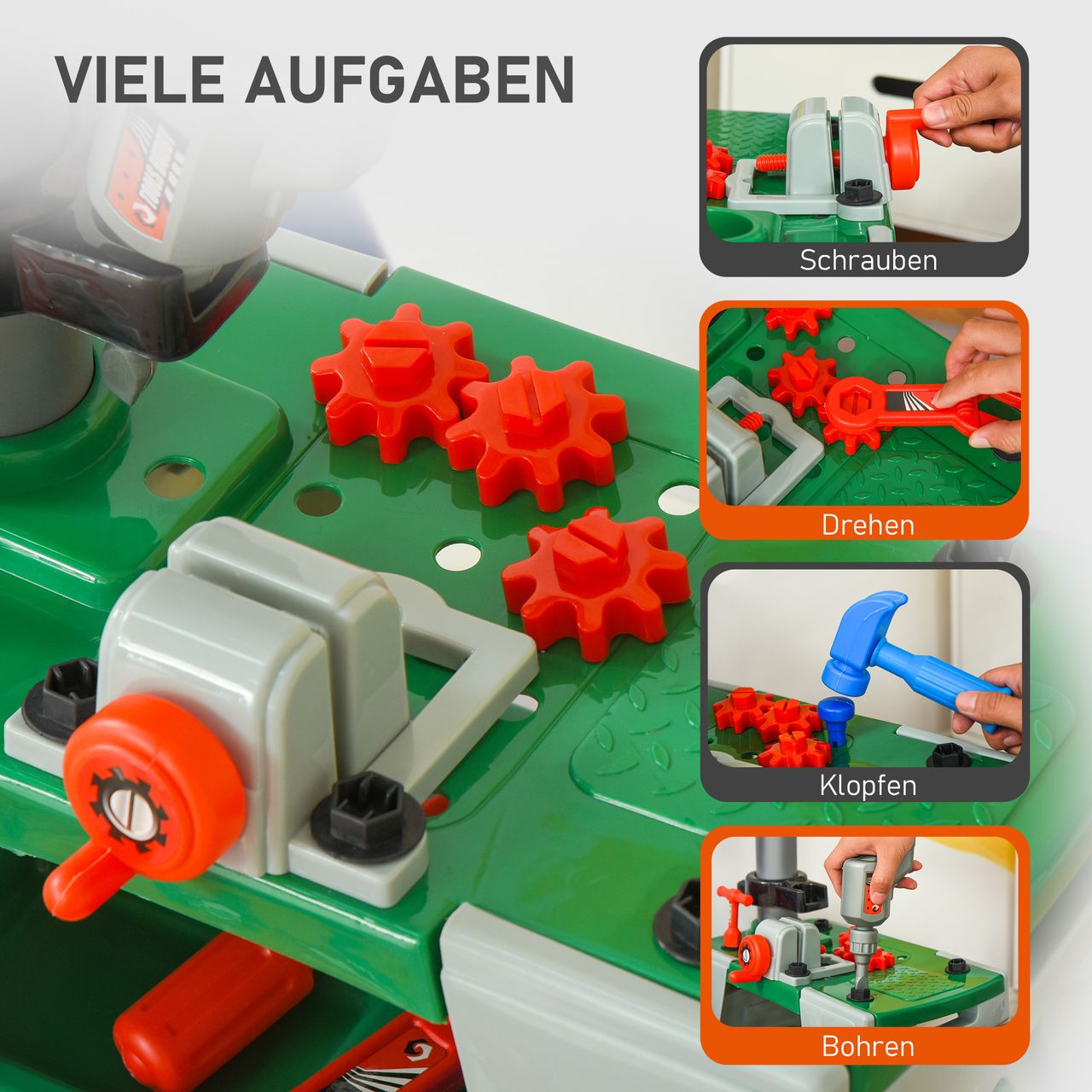 HOMCOM Kinder Werkbank Arbeitstisch Werkbanktisch mit 37 Zubehören Rollenspiel Spielzeug für Kinder von 3 bis 6 Jahren PP-kunststoff Grün Grau 44 x 26 x 71 cm