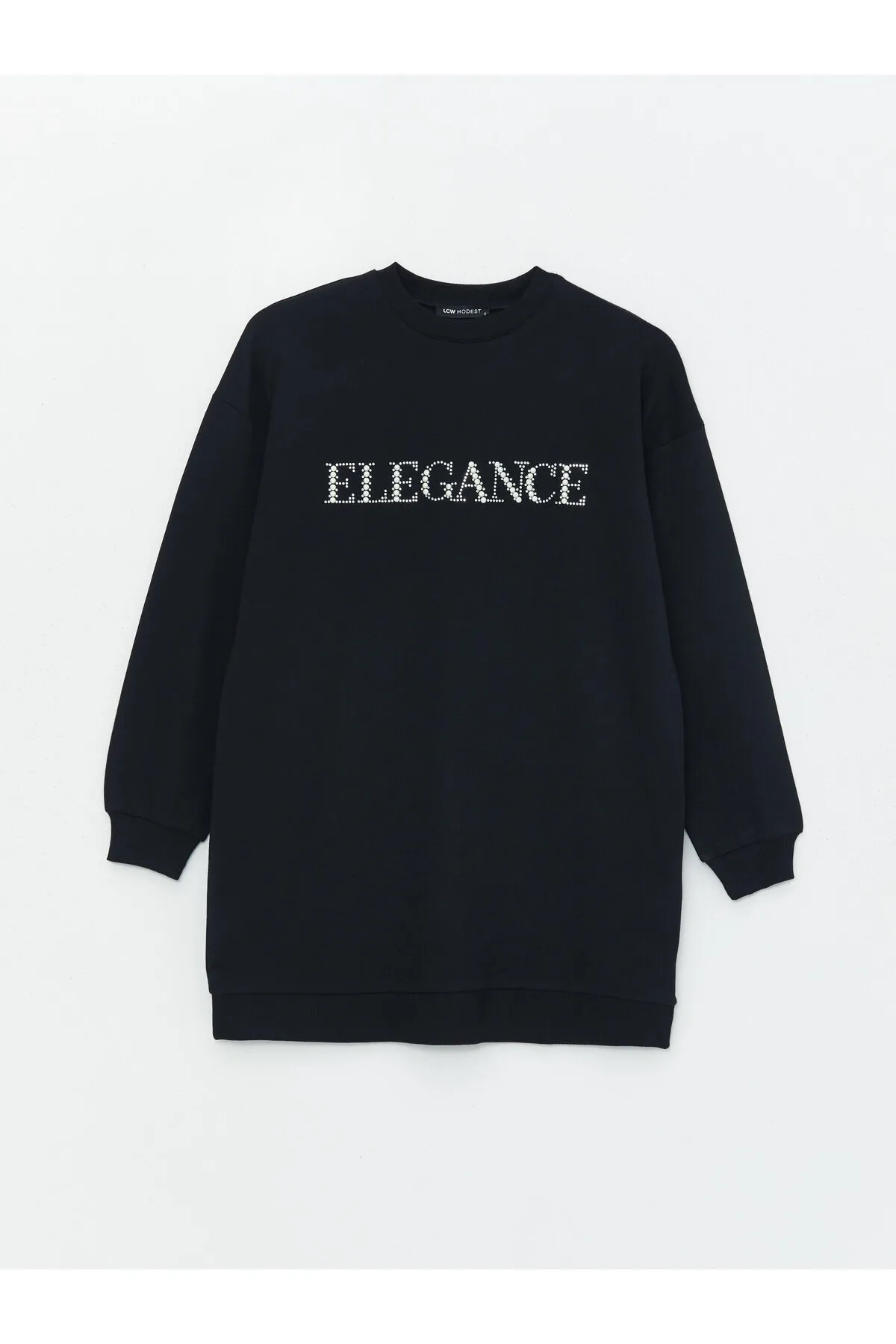 LC Waikiki  Langarm-Damen-Sweatshirt-Tunika mit Rundhalsausschnitt und glänzendem Steindruck