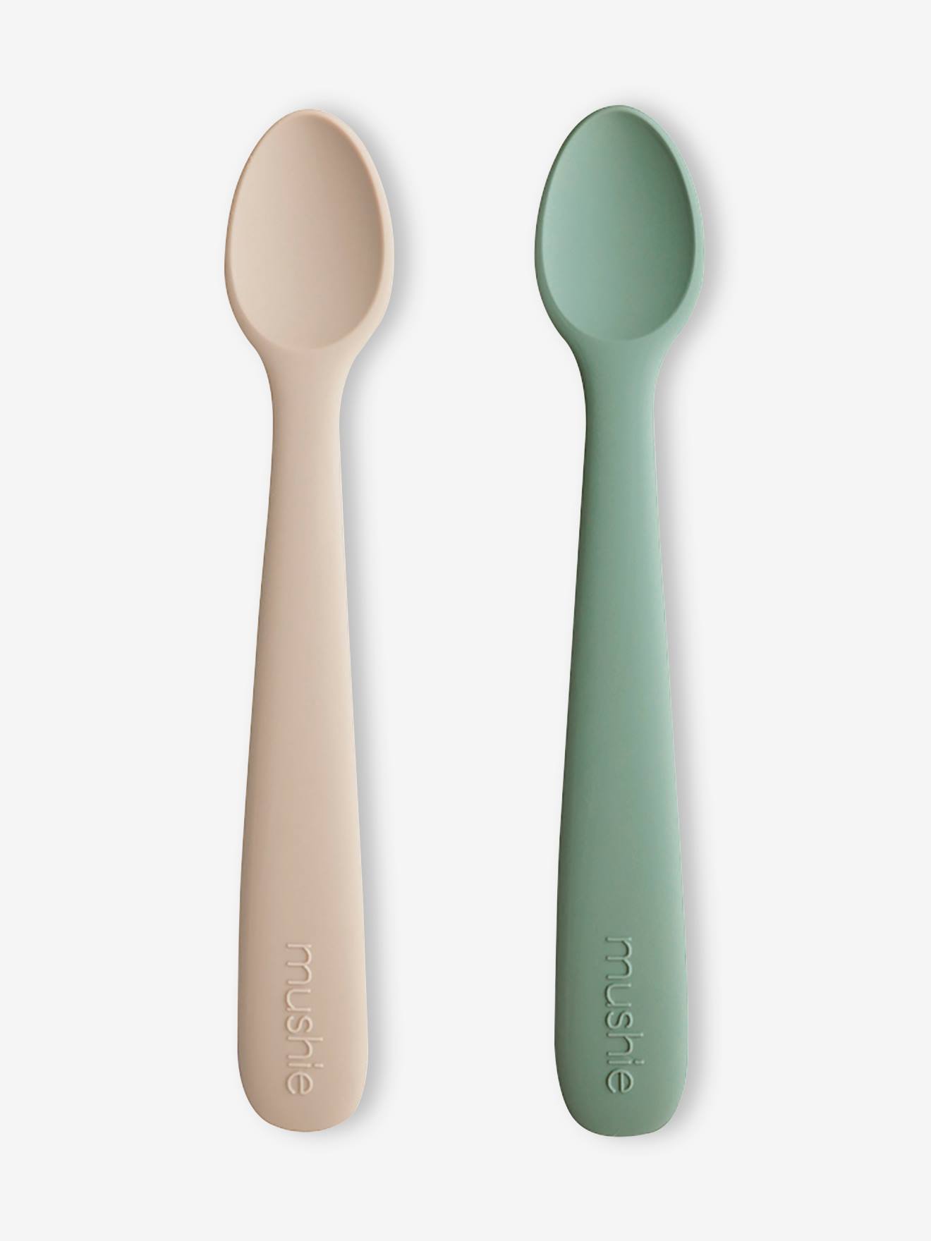 Lot de 2 cuillères 1er âge MUSHIE en silicone gris + mauve