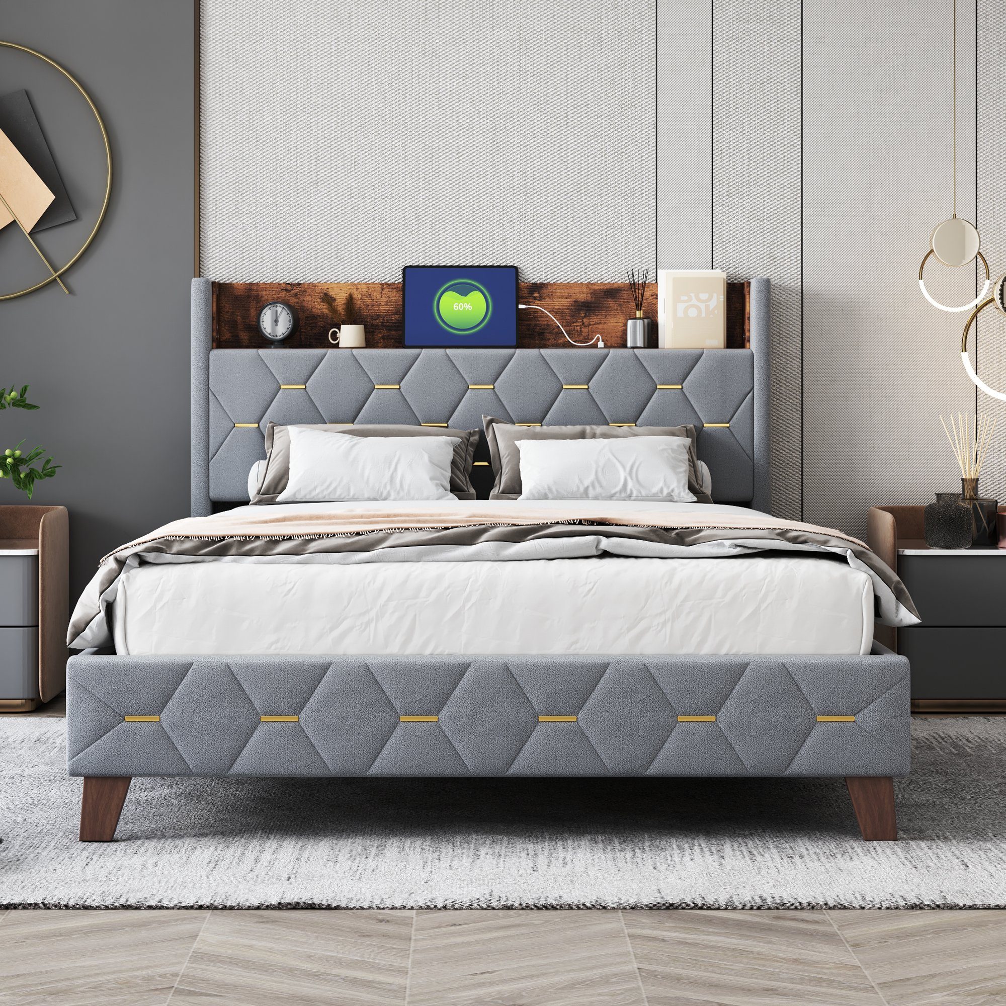 OKWISH Polsterbett Doppelbett Stauraumbett Funktionsbett Gästebett (Flachbett-Doppel-Gästebett in hautfreundlichem Kardamom-Samt 140 x 200 cm, Stauraum am Kopfteil mit USB-Anschluss), ohne Matratze