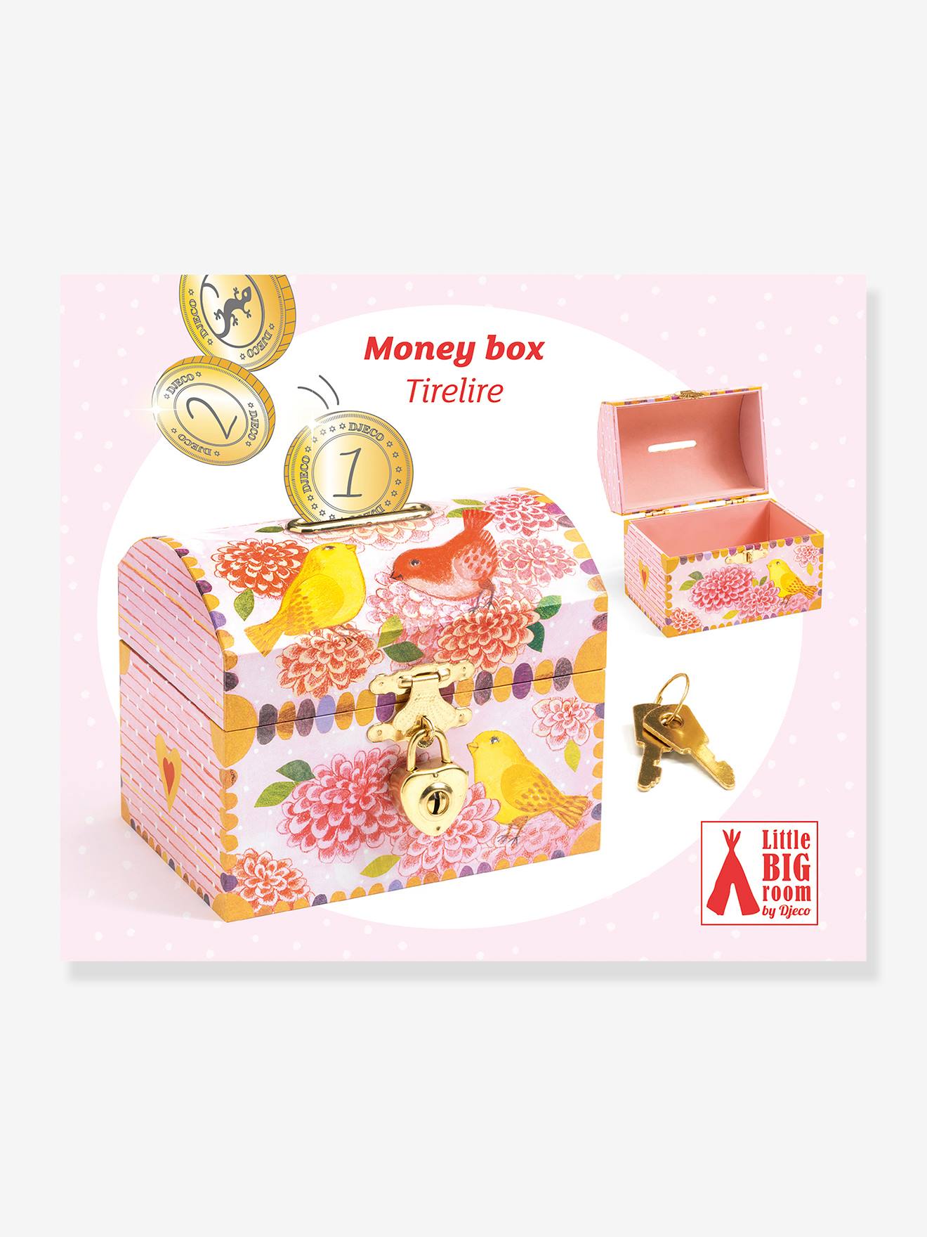 Djeco Kinder Holz-Spardose Vögel & Blumen DJECO - rosa bedruckt