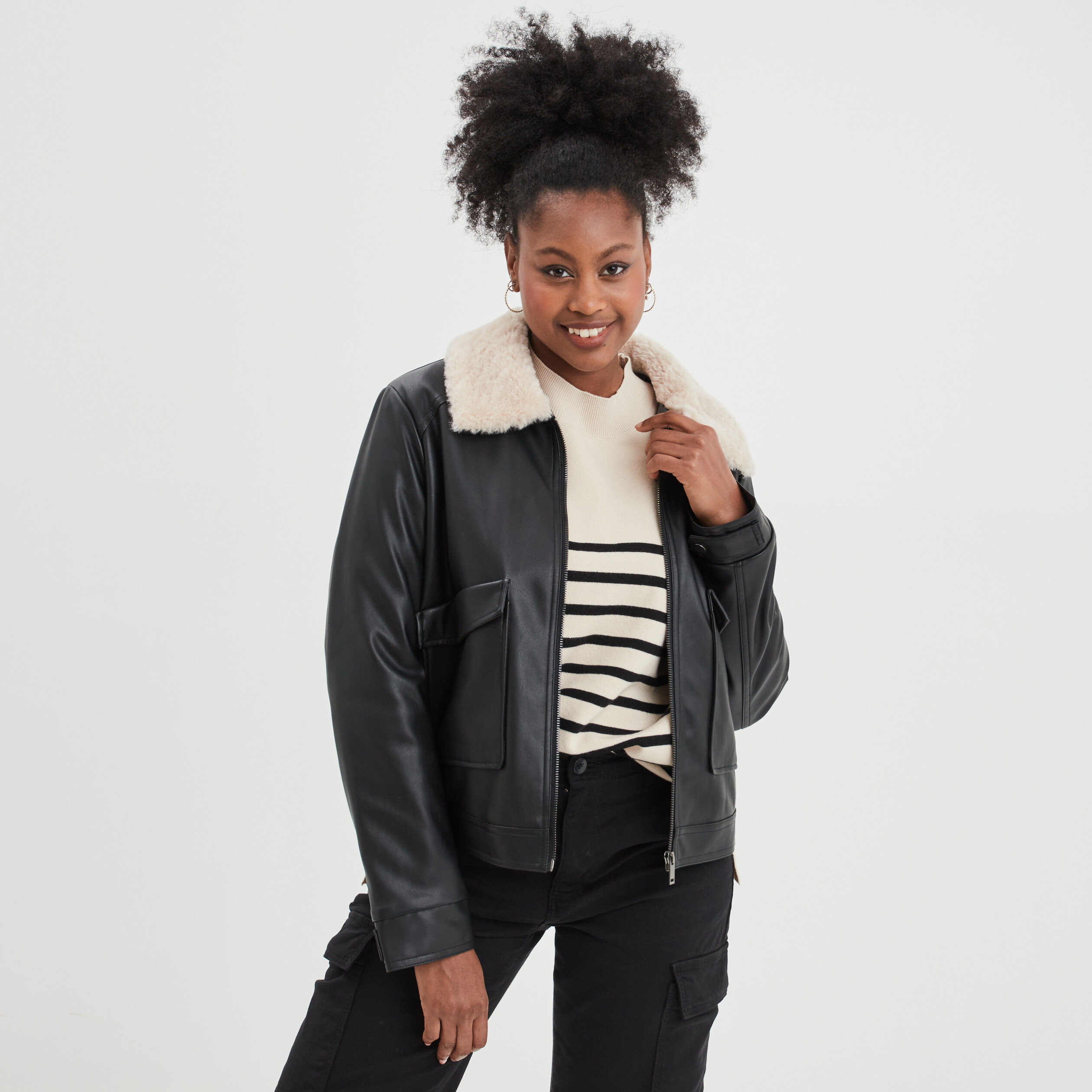Veste simili cuir col aviateur noir femme | La Halle