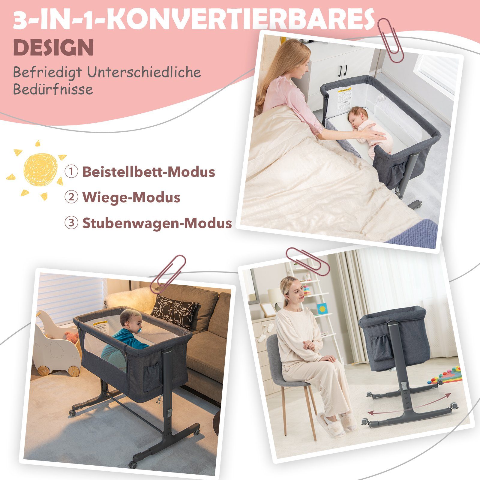 COSTWAY Beistellbett 3 in 1 Reisebett, 5-stufig höhenverstellbar,Matratze