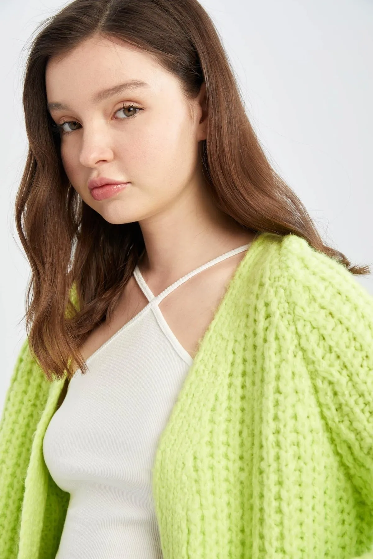 DeFacto  Long Fit V-Ausschnitt Weich strukturierte lange Basic-Strickjacke U6718az22au
