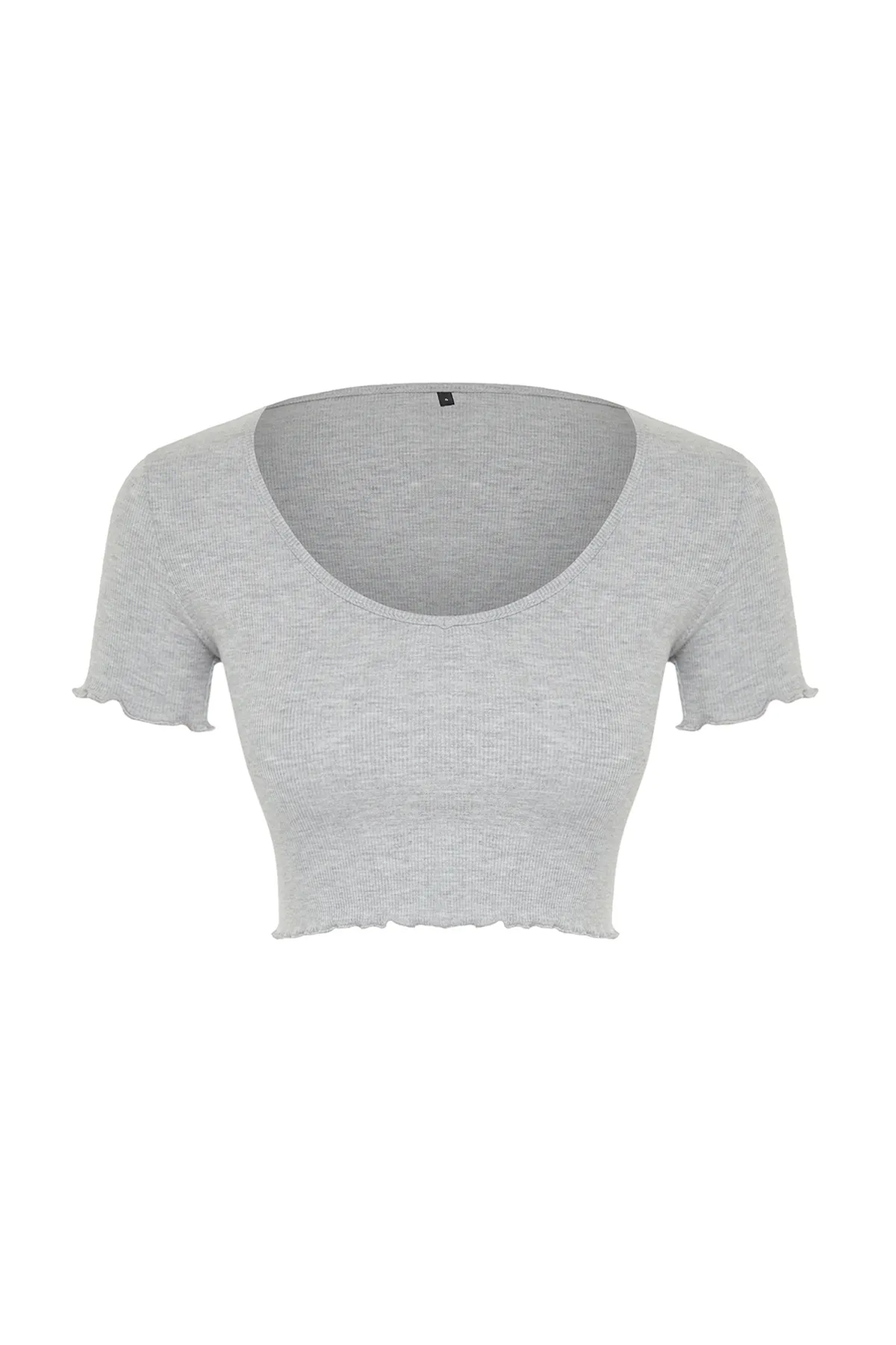 Trendyol Collection  Graue Melange-Baby-Overlock-Strickbluse mit Pool-Ausschnitt, detaillierte, bauchfreie, gerippte, dehnbare Strickbluse TWOSS24BZ00197