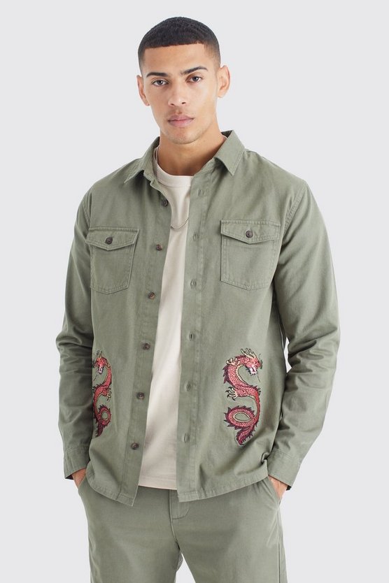 Langärmliges Overshirt mit Drachen-Stickerei