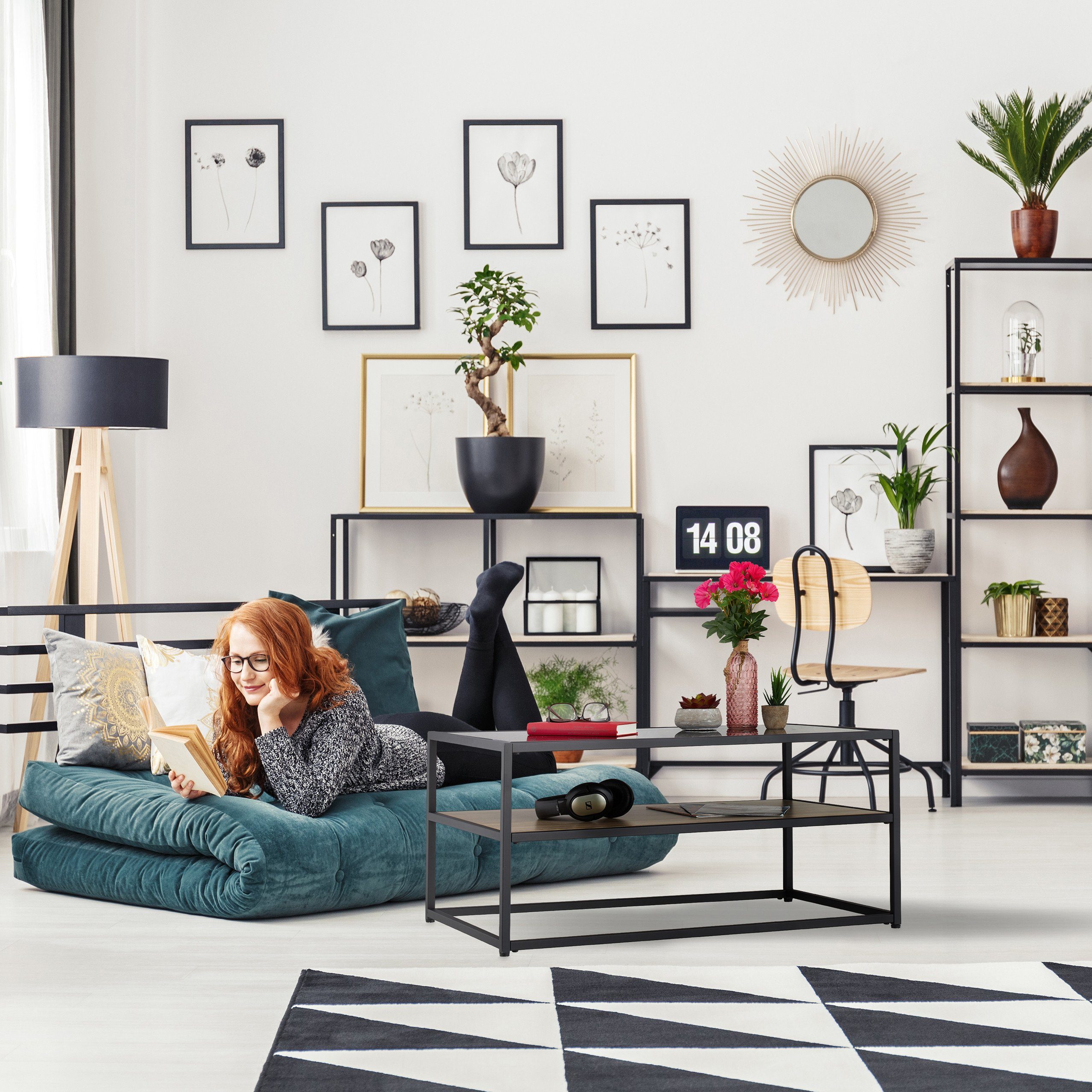 relaxdays Couchtisch Schwarzer Couchtisch mit Glasplatte