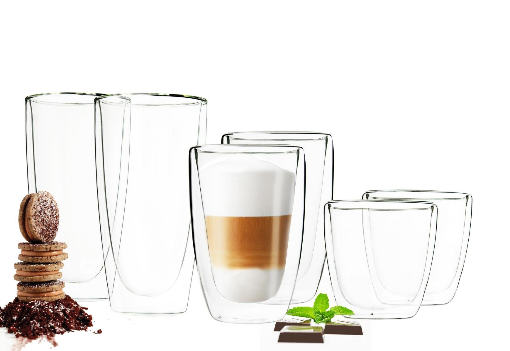 Sendez Thermoglas 6 Doppelwandige Gläser 2x450 2x200 2x90ml Kaffeegläser Thermogläser Set, Glas
