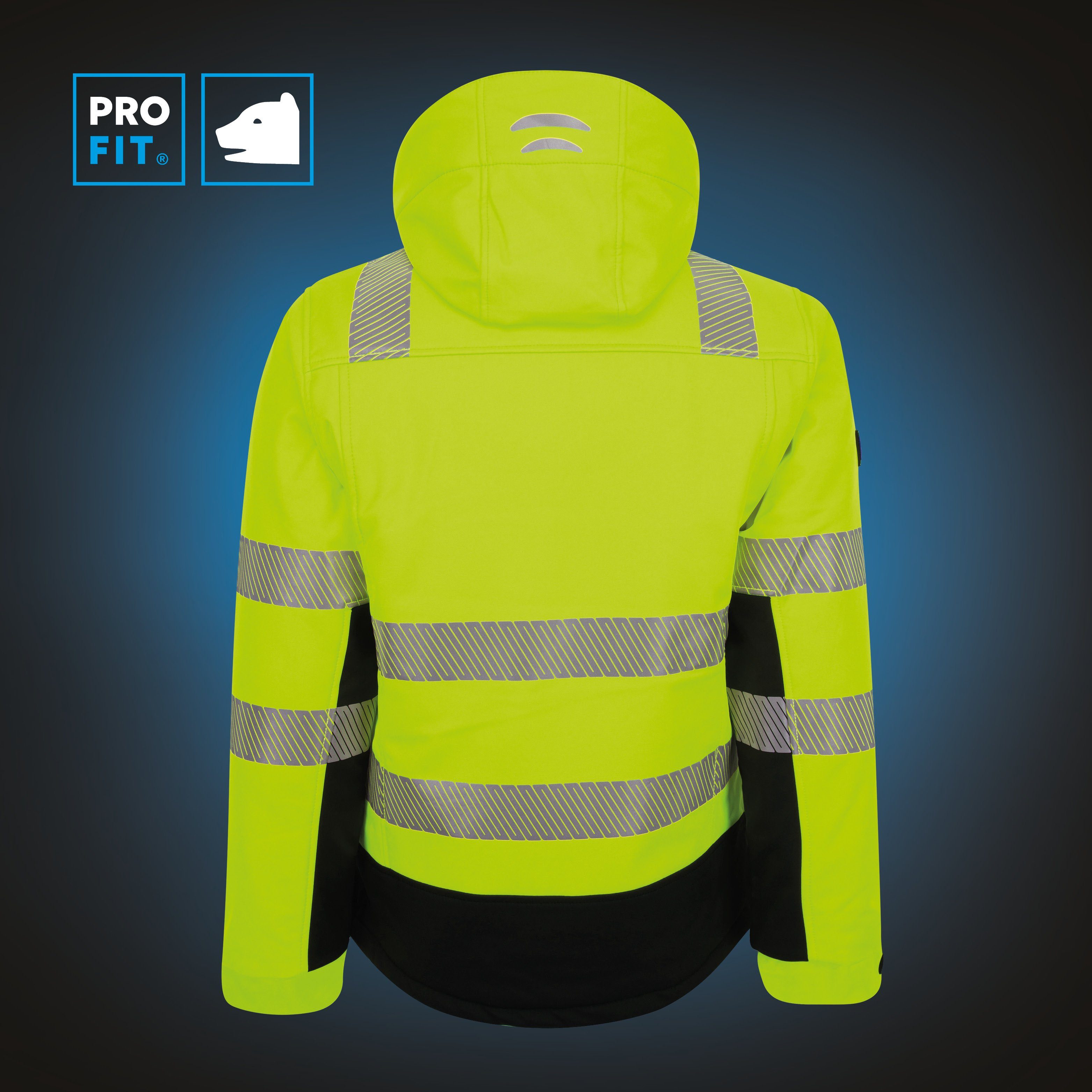 PRO FIT by Fitzner Arbeitsjacke Winter Warnschutz-Softshelljacke Neongelb/Schwarz (1-St) Wind- & Wasserabweisend, Reflektionsstreifen, Steppfutter, Atmungsaktiv