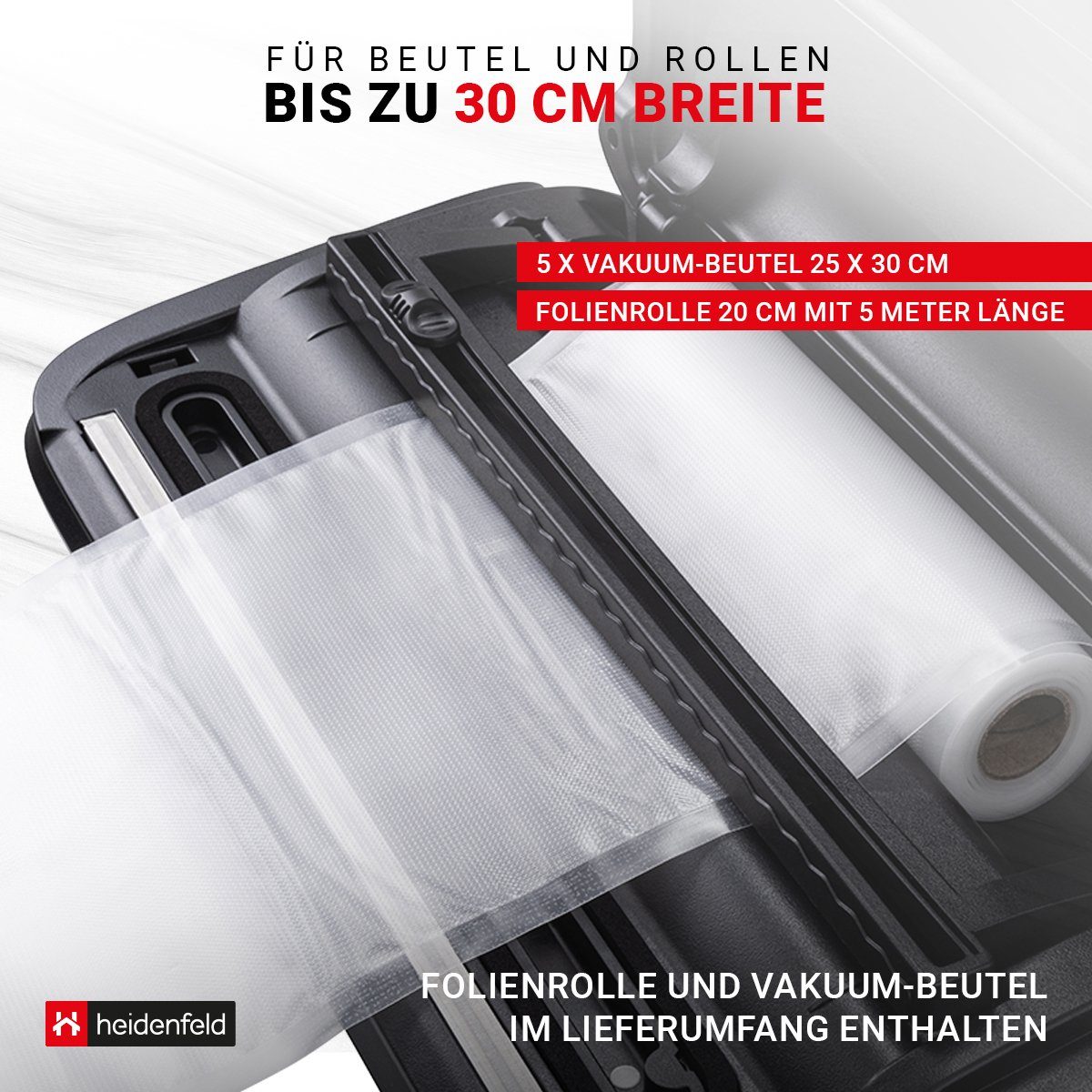 Heidenfeld Vakuumierer Folienschweißgerät HF-VK100 inkl. 5 Folienbeutel, 30 cm Schweißbreite - 125 W Heizleistung - Vakuumierung - 0,8 bar