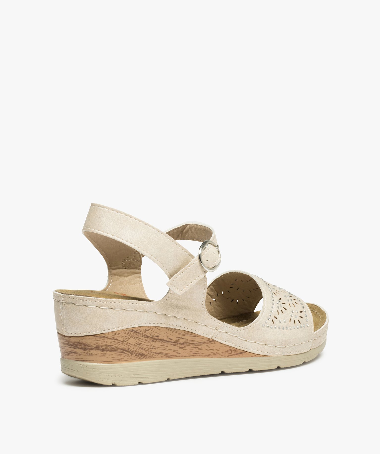 Sandales femme confort à talon dessus ajouré et strass beige | GEMO