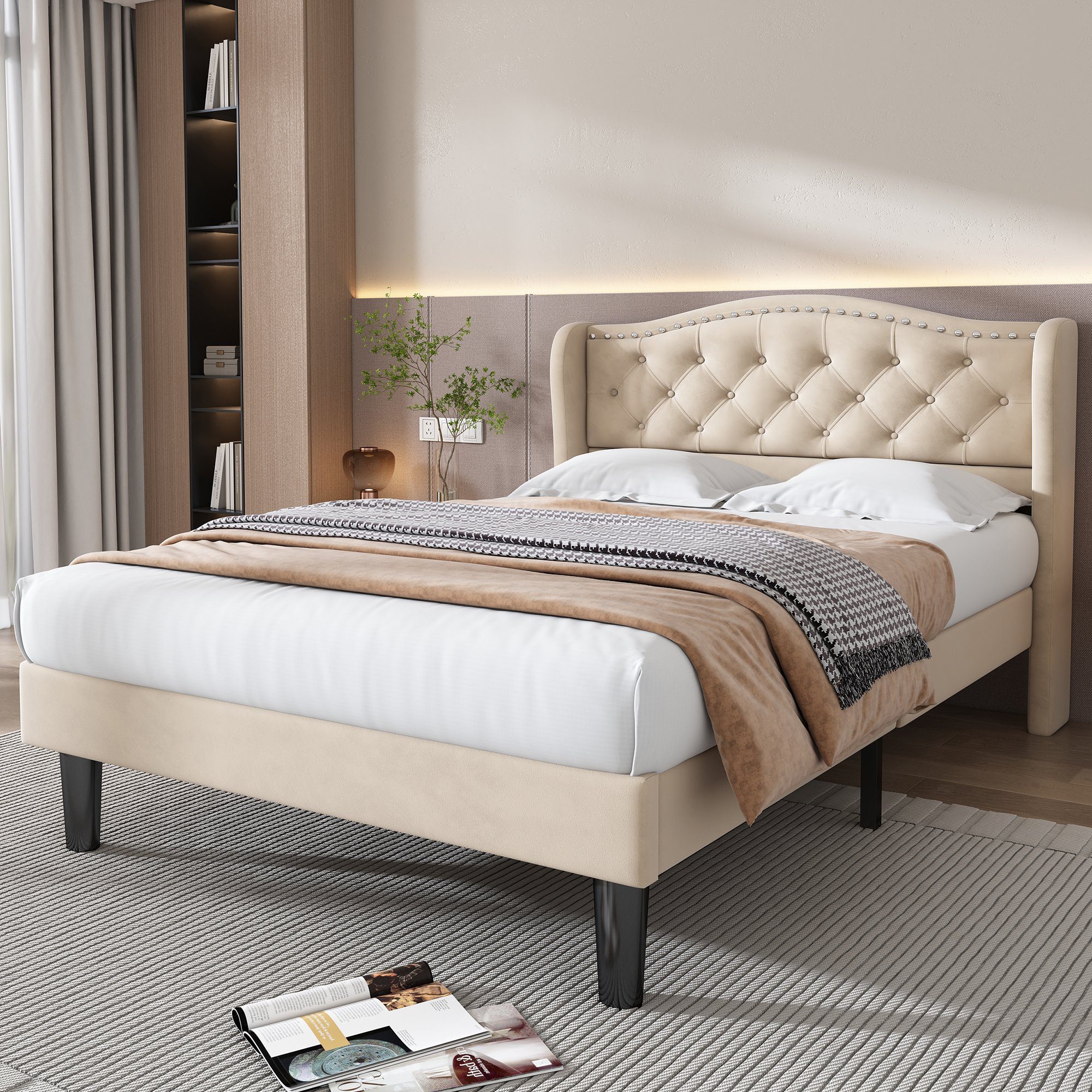 OKWISH Polsterbett Stilvolles Soft-Polsterbett mit samtigen Kopfteil (90x200 cm Ohne-Matratze), Knopf-Dekor und stabilen Holzplatten, Beige