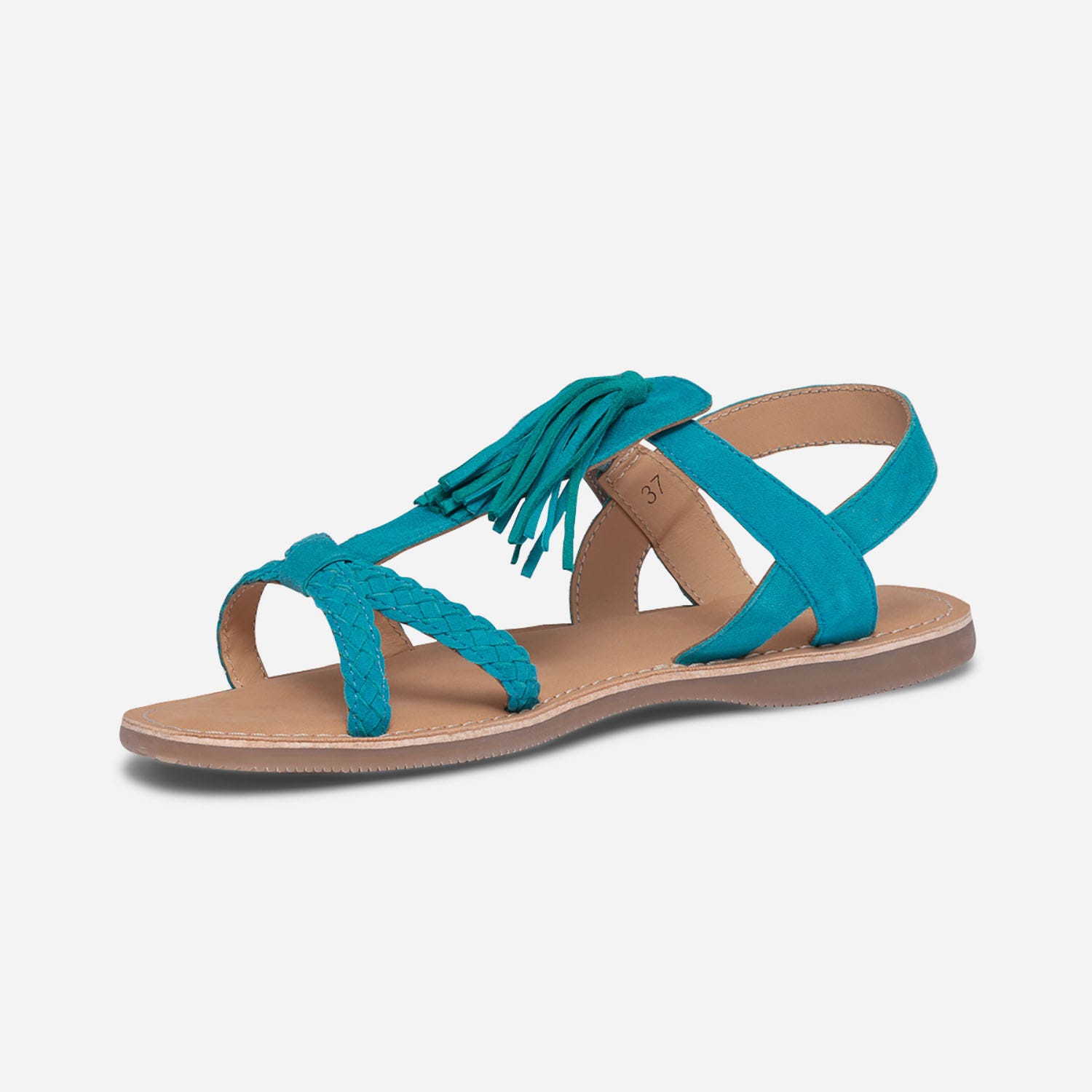 Sandale turquoise en cuir velours avec pampille