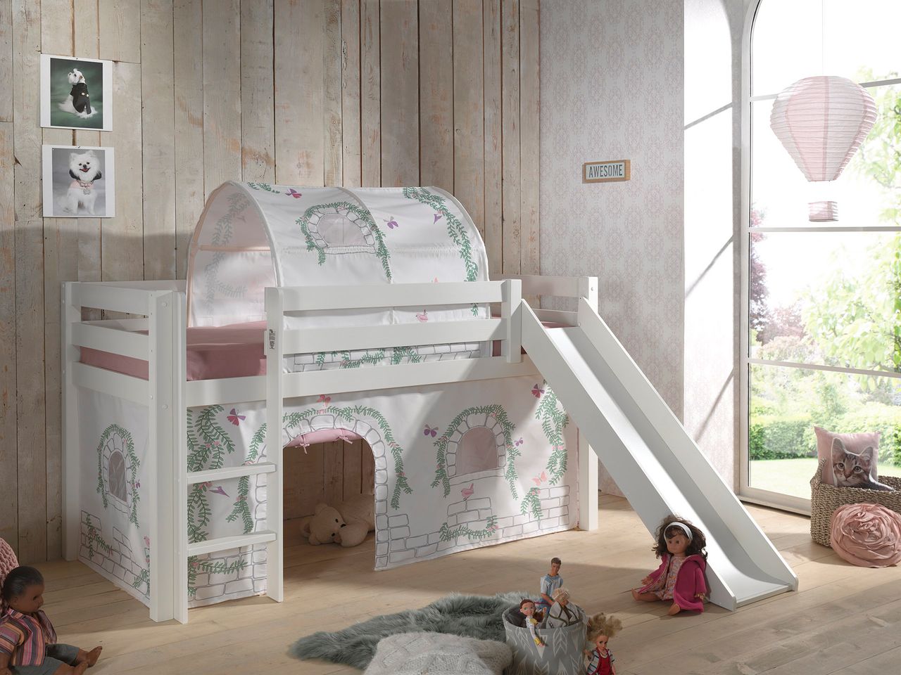 VIPACK Spielbett Pino inkl. Rutsche mit Textilset Vorhang und Tunnel 