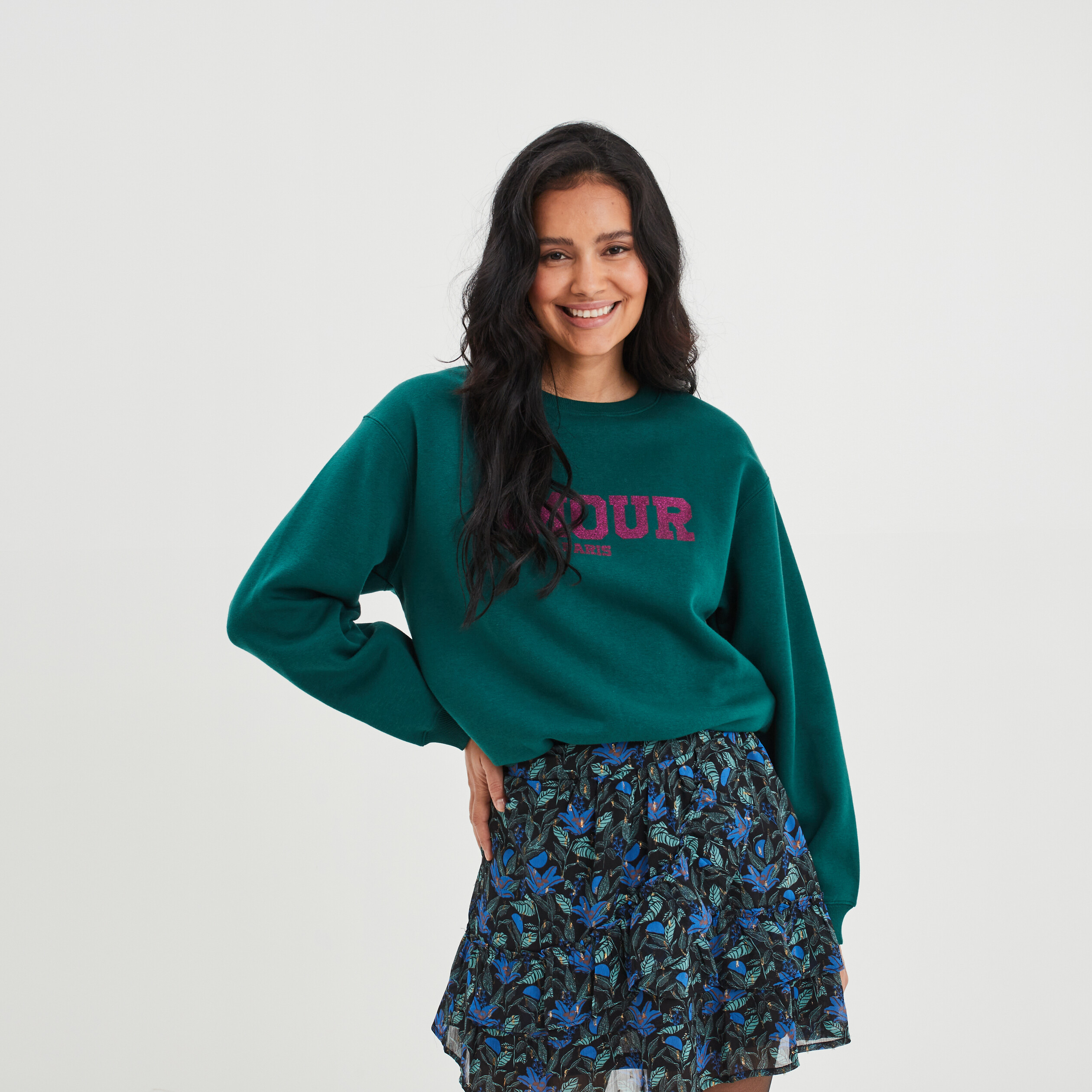 Sweat col rond à paillettes vert foncé femme | La Halle