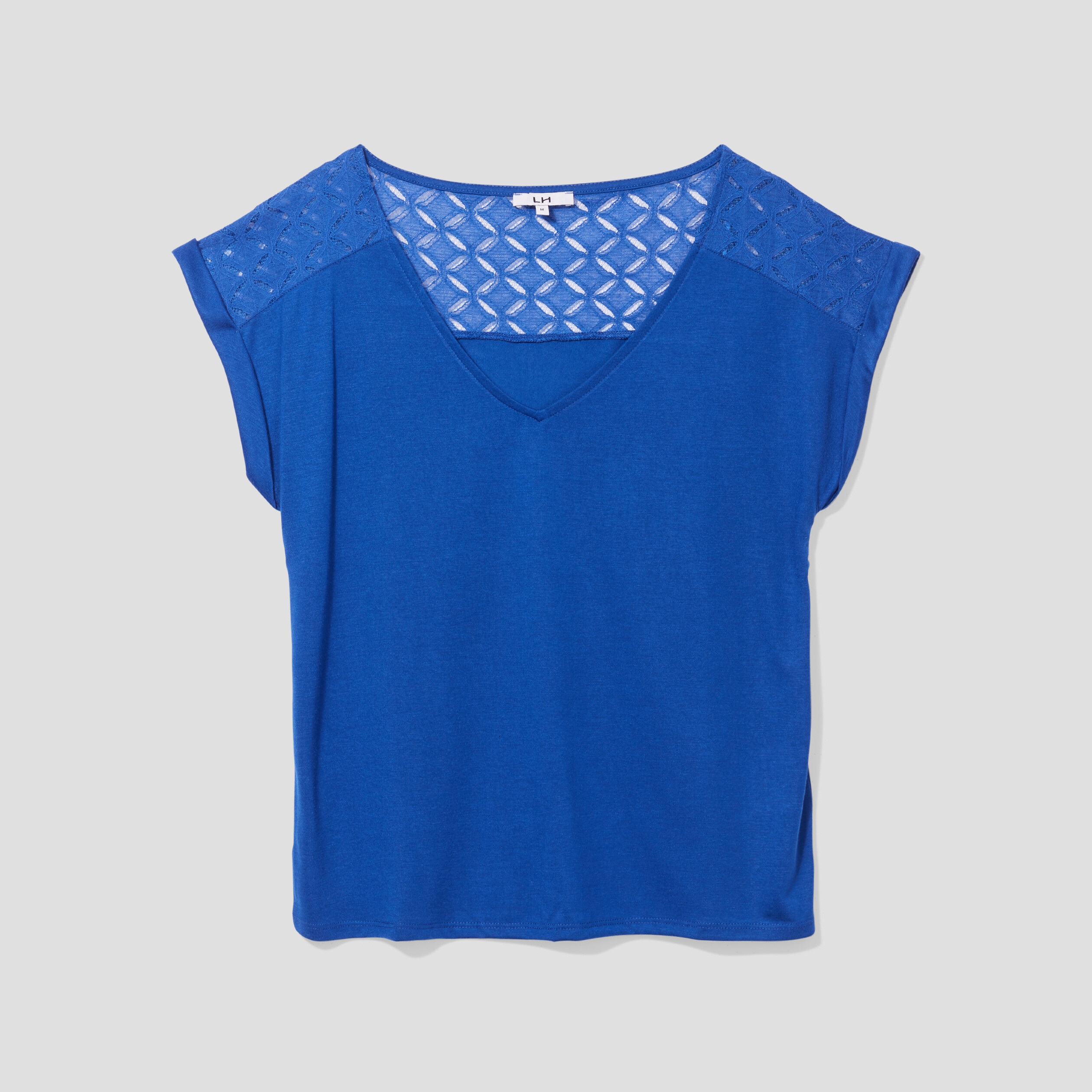 T-shirt col en V dentelle épaules et dos bleu electrique femme | La Halle