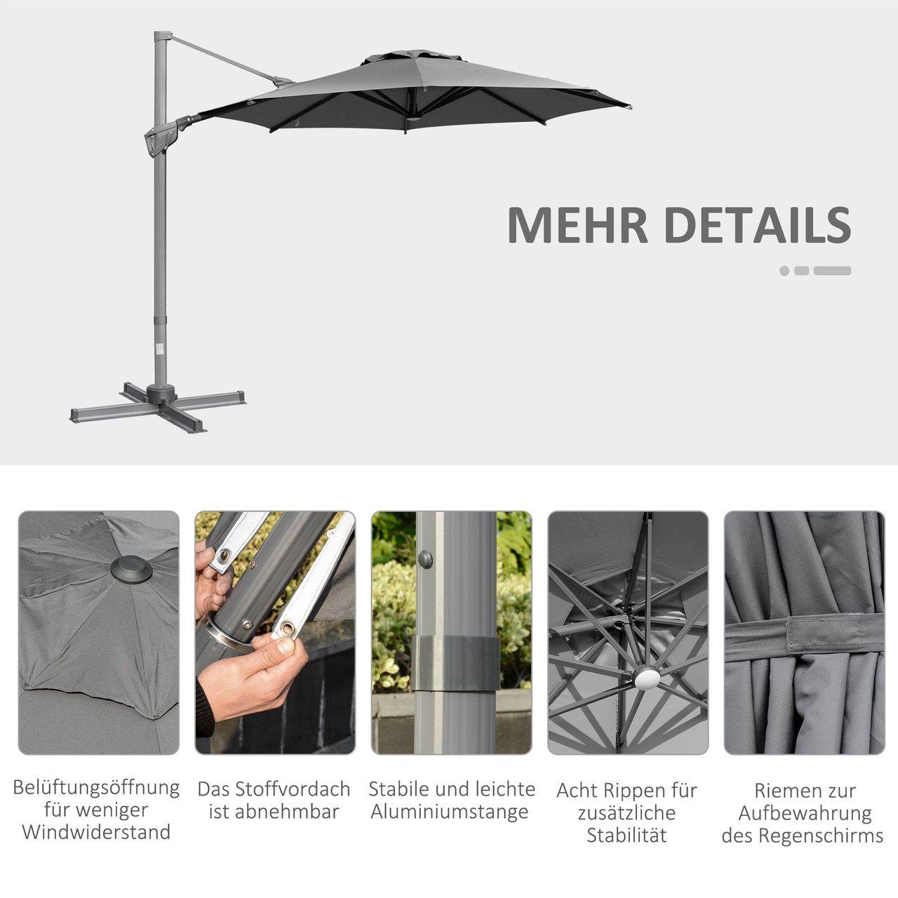 Outsunny Sonnenschirm Ø298 cm Kurbelschirm Ampelschirm Winkel verstellbar Grau