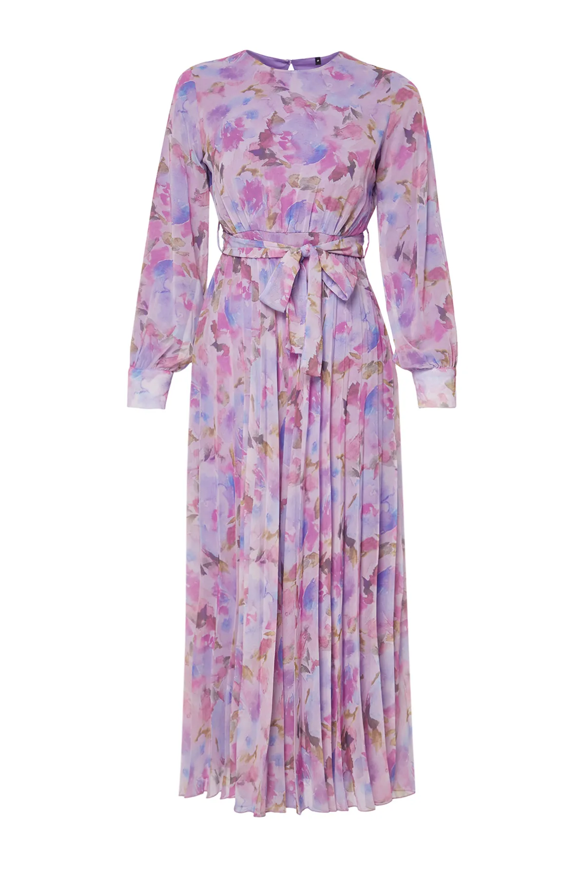 Trendyol Modest  Gewebtes Kleid aus plissiertem Chiffon mit rosafarbener Blumenschärpe und gefüttertem Detail TCTSS24EB00151
