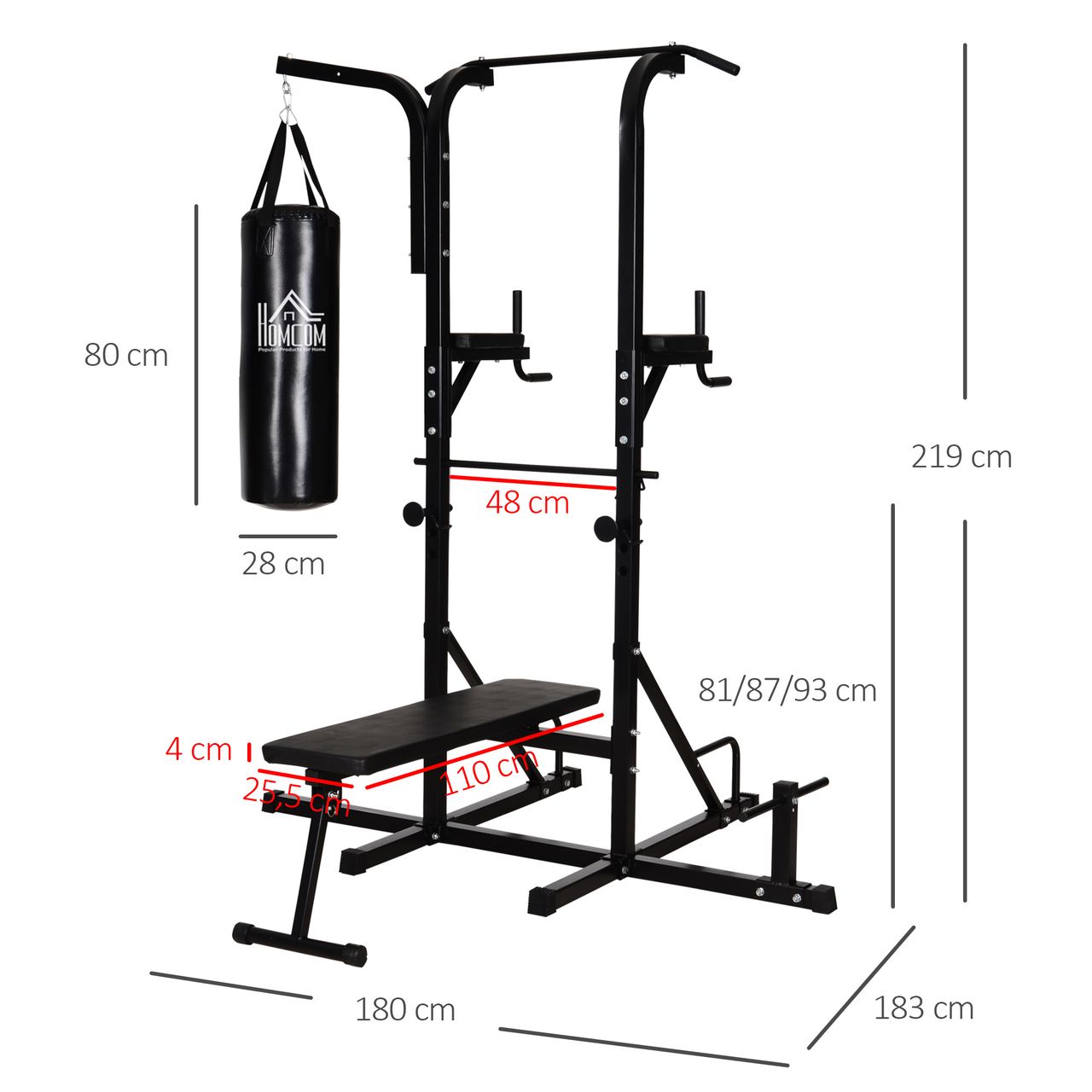 HOMCOM Kraftstation mit Klimmzugstange, Multifunktionale Dip-Station, Trainings-Gerät für Zuhause, mit Boxsack, Fitness, Stahl, Schwarz, 180 x 183 x 219 cm