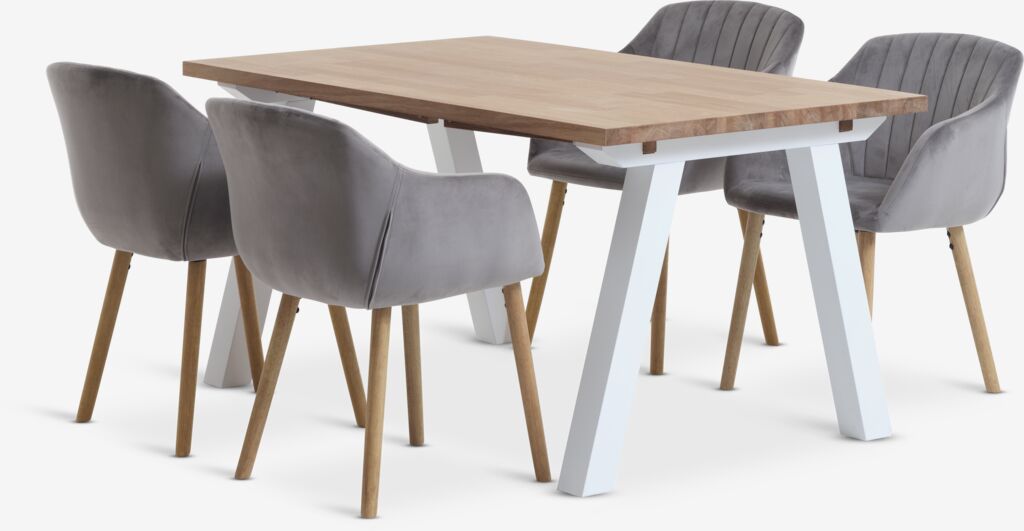SKAGEN ADSLEV Table SKAGEN L150 blanc/chêne 4 Chaise ADSLEV velours gris