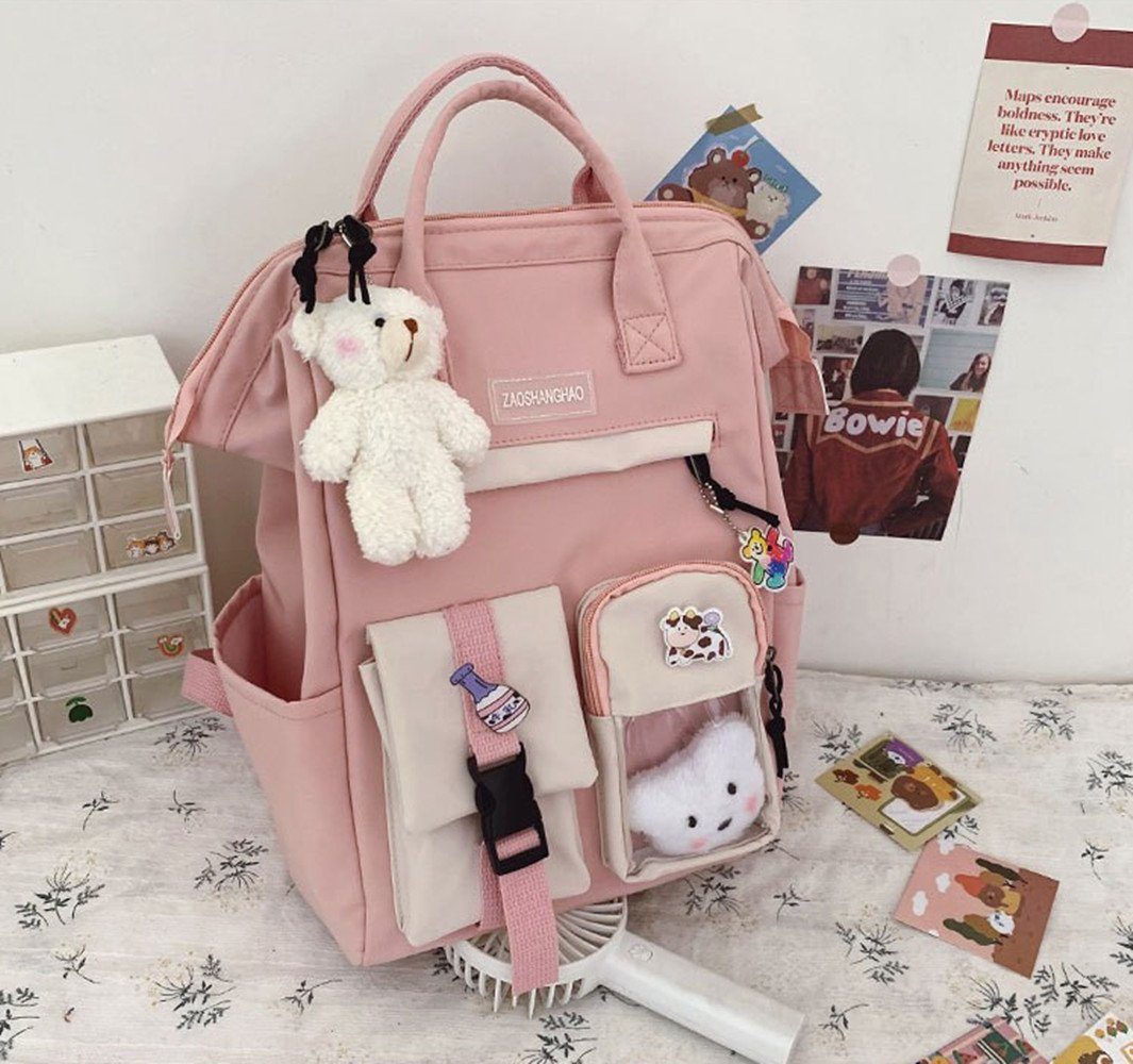 XDeer Kinderrucksack Süße Mädchenrucksack,Büchertaschen(pink) mit Plüschanhänger für Teenager, Mädchen, Schulrucksack für Studenten,wasserabweisender Reiserucksack für die Schuler (Set), mit Laptopfach,mit Plüschanhänger