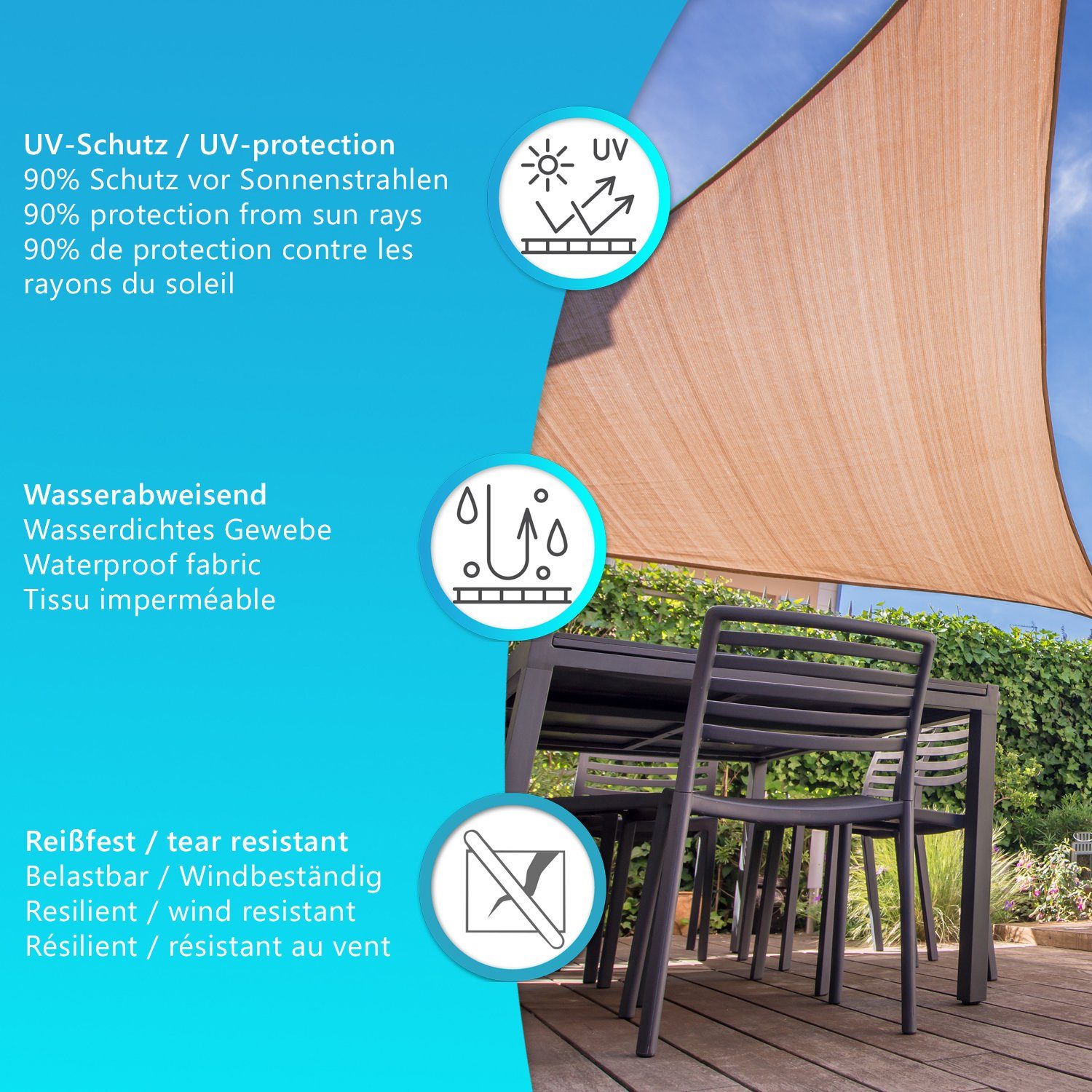 NYVI Sonnensegel Sonnensegel NYVISun - 90% UV-Schutz, wasserdichtes Polyester Gewebe, (1-tlg), Dreieck Dreieckig, Sonnenschutz für Balkon Garten Terrasse Wohnwagen